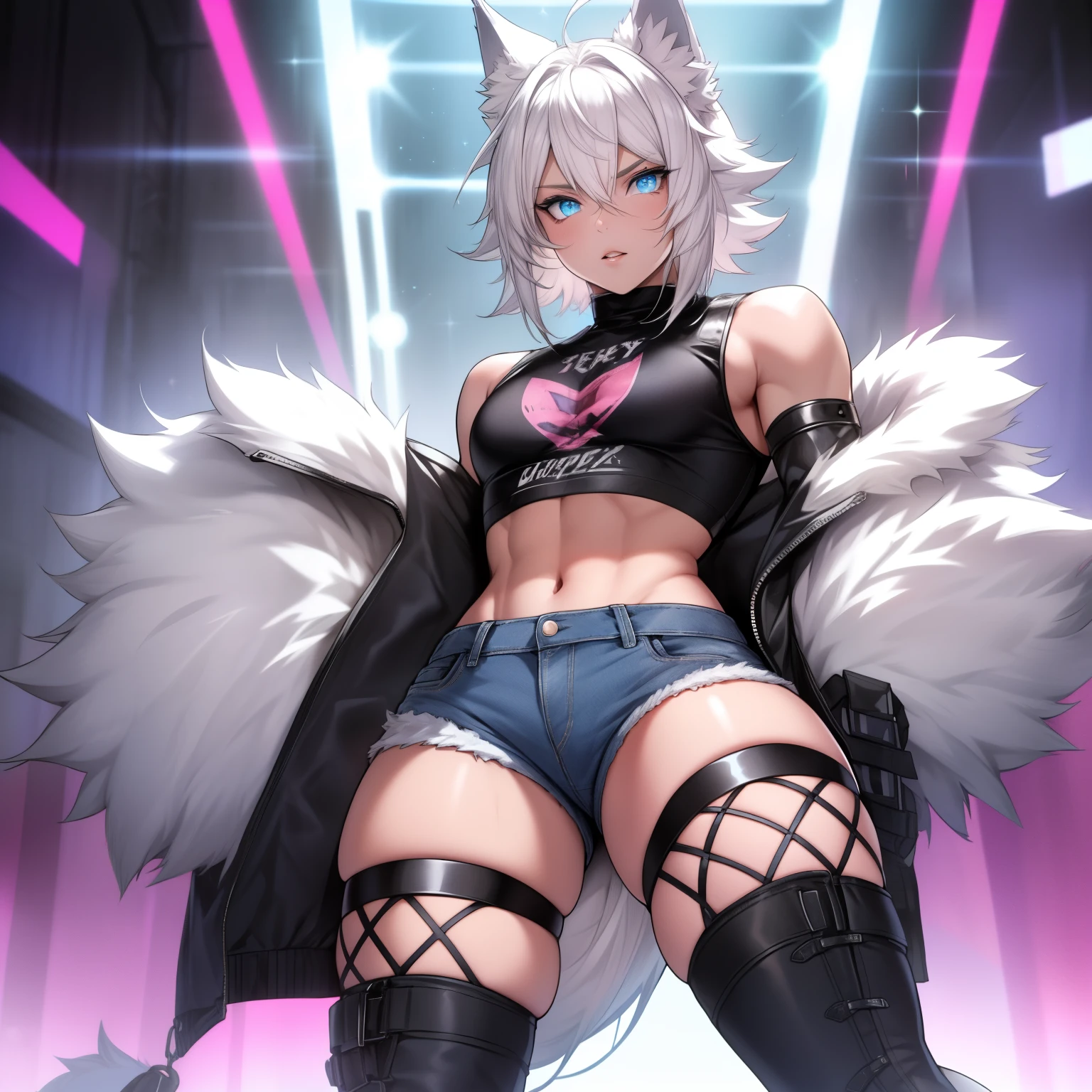 Single boy, Anime Femboy, Short, Long white hair, wolf ears, wolf tail, blue eyes, wearing short denim shorts, wearing combat boots, wearing thigh high fishnets, wearing fur lined open pink jacket, flat chest, super flat chest, wearing cropped t-shirt, solo femboy, only one femboy ((FLAT CHEST)) solo, alone, (SOLO)(ALONE) thicc thighs, wide hips, blue eyes, perfect eyes, perfect face, pouty lips, happy, curvy, sparkly blue eyes,