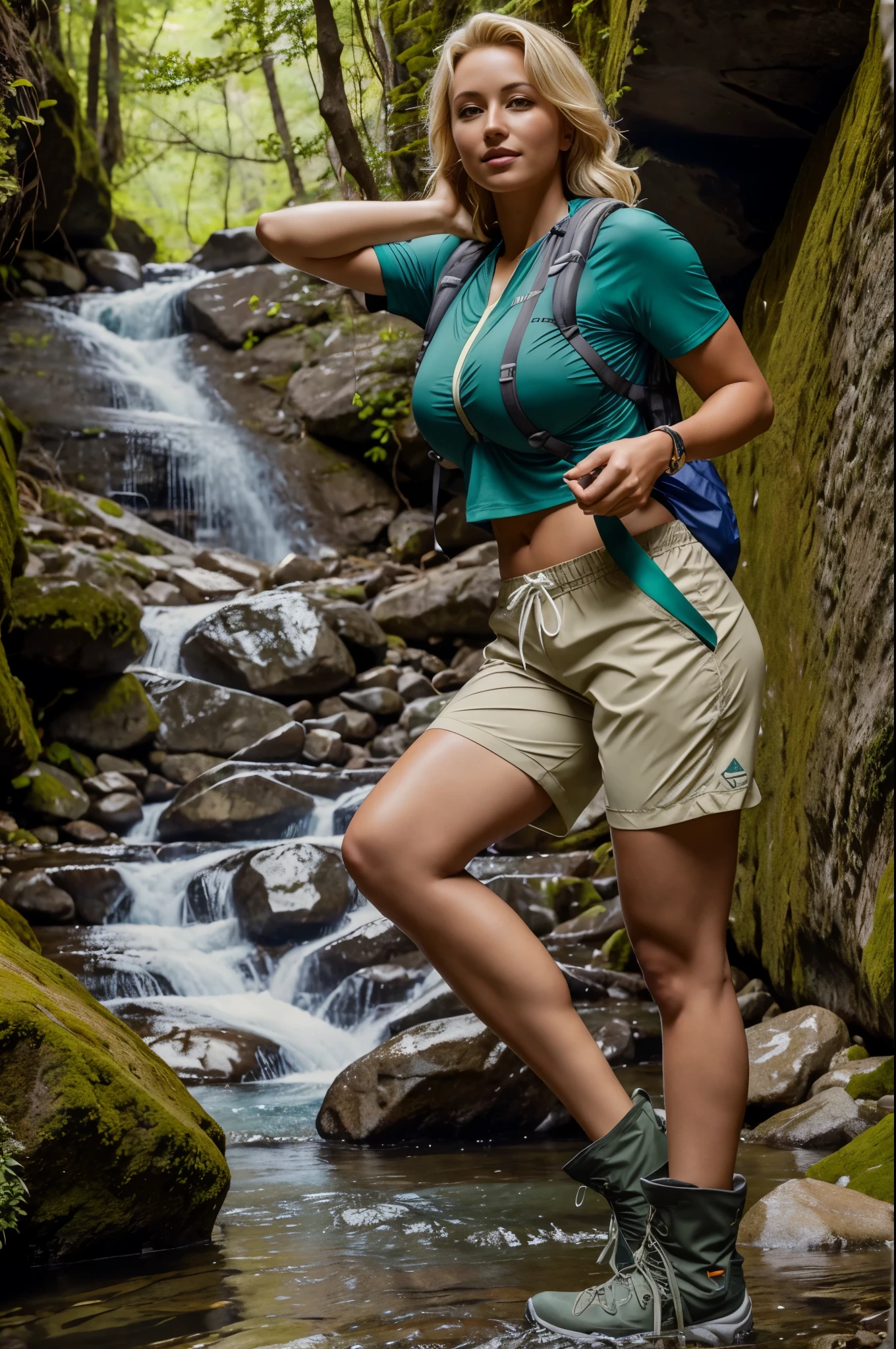 Blonde woman hiking, while wearing a white sports bra and short khaki hiking shorts as she stands in a deep green canyon, a beautiful stream, Very big waterfall in the background, hiking boots, a refreshing Stream,  8 k lighting, warm lighting, 4k extremely photorealistic, cgsociety uhd 4k highly detailed