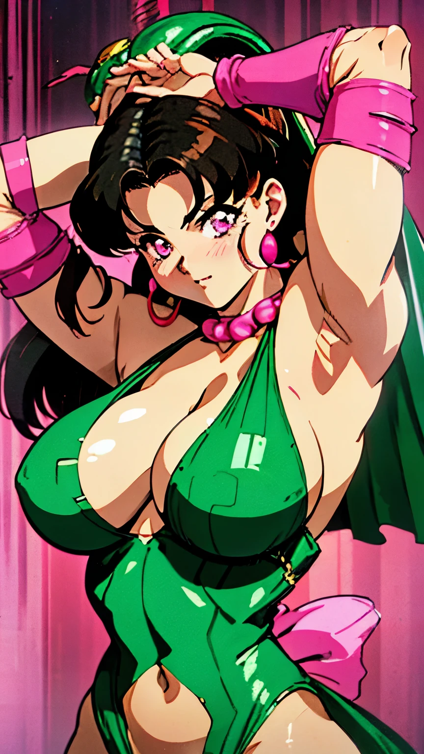 nsfw, 1990s \(style\), retro artstyle, 1990s anime cels style, best quality, high resolution, forest, huge breasts, riesz, winged helmet, dress, armor, shoulder armor, bridal gauntlets, cleavage, blush, embarrassed. ((Black hair with pink stripes)). ((Pink eyes)). Nudity. Sexual pose.