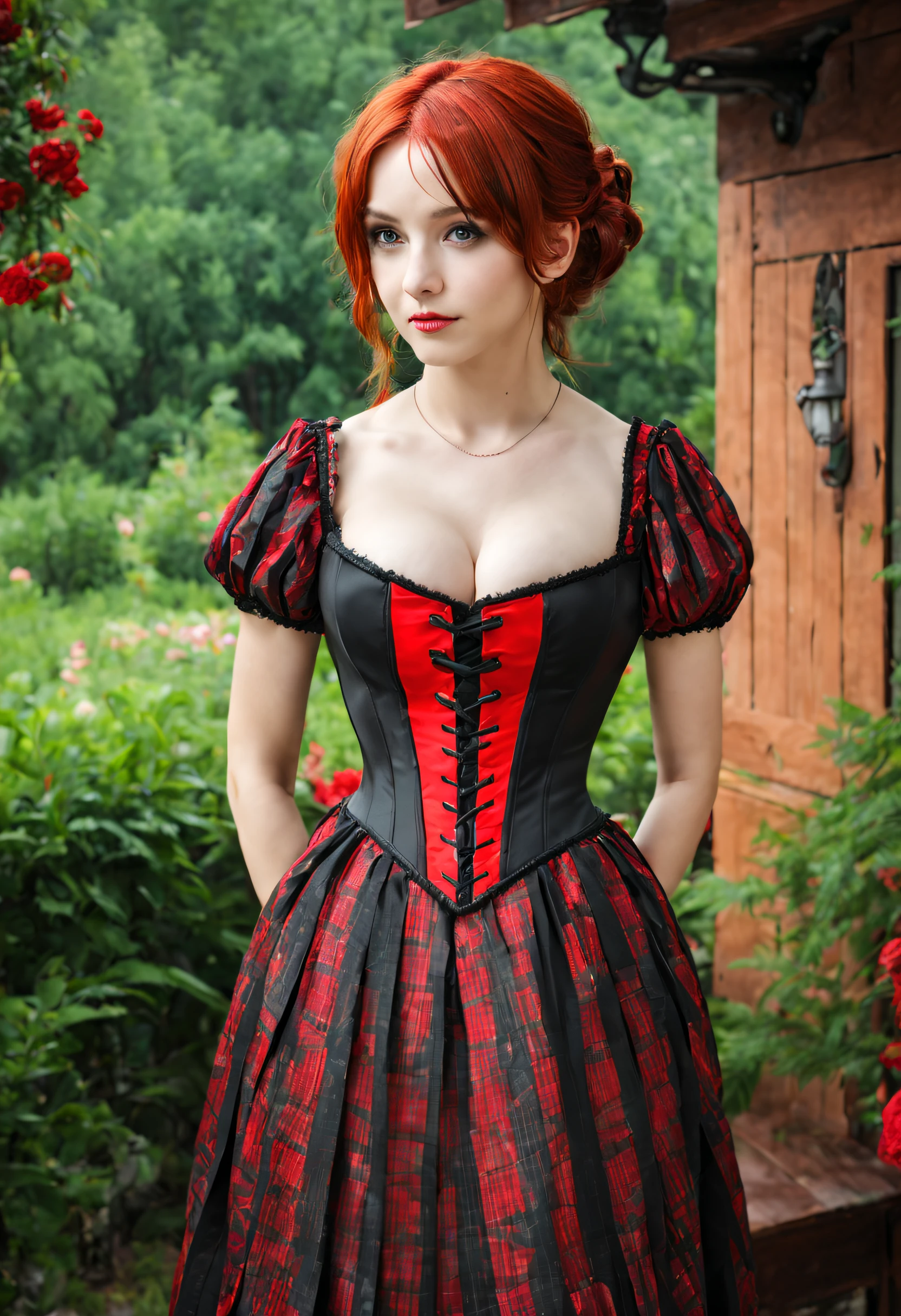 beautiful 20 year old, red hair, green eyes, enormous tits, black and red corset, background is a Victorian era bedroom overlooking a flower garden.