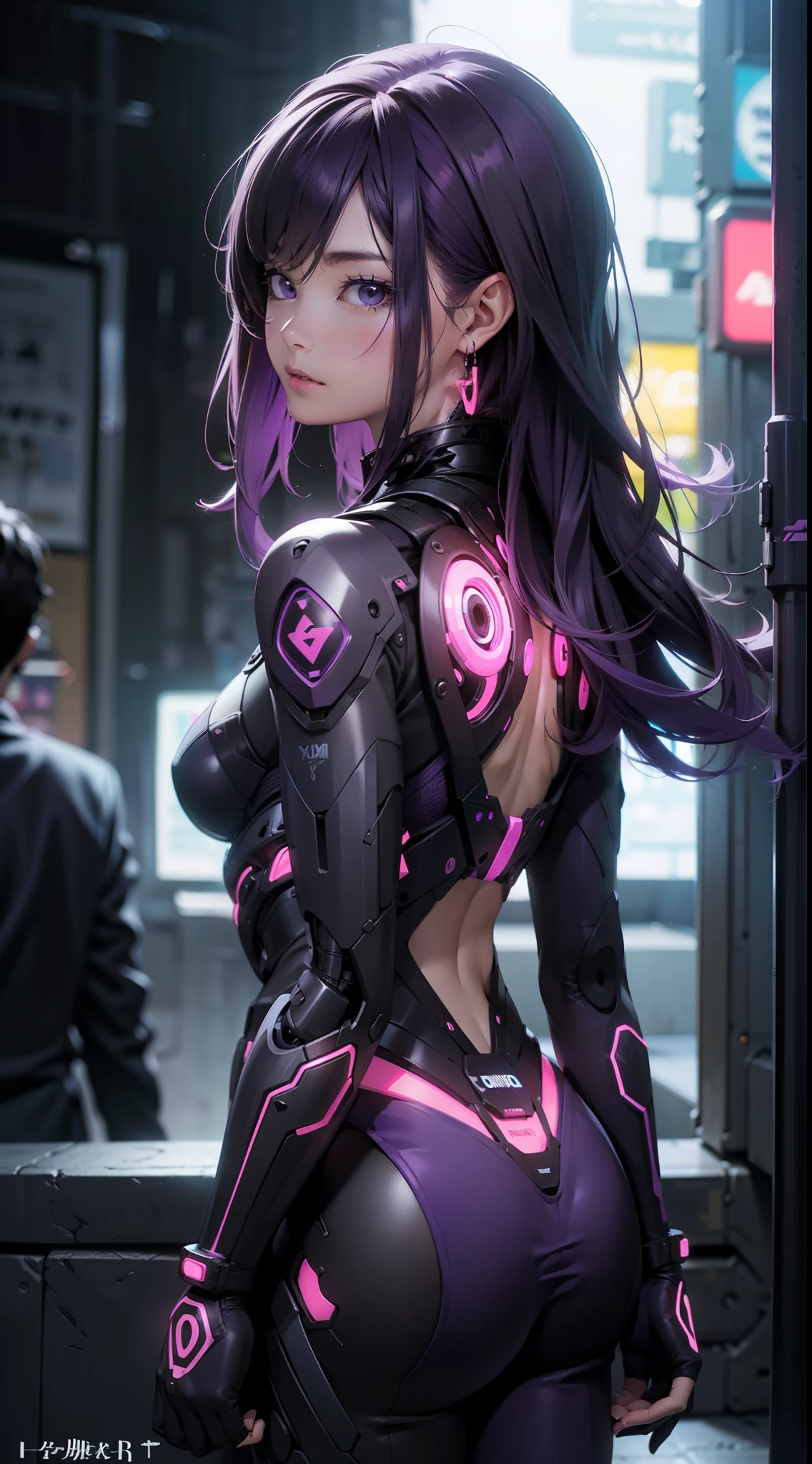 (rear view, backside view),Detalles intrincados: 1.2, Ultra-detallado、1 girl, purple hair, Corte de cuenco corto, Ojos morados brillantes, (purple neon color:1.5), pechos grandes y llenos, glowing neon earrings, tatuajes corporales, Pulsera en mano、Representa a una mujer joven como personaje central。She stands confidently in the center of the poster.，Usa un atuendo futurista cyborg de moda，(purple neon colorに輝くコスチューム:1.3)，con expresiones decididas en sus rostroondo oscuro y granulado，There's a sense of crisis and a strong sense、Add drama and overall excitement。The color palette is dominated by dark colors，Salpicado de colores brillantes、Arte de la pantomima、Lenguaje corporal expresivo、silent storytelling、Gestos evocadores、Narrativas visualeondo ciudad Tokio cyberpunkAI colors:1.4),(neon glowing cyberpunk wall),organic,,(Vibrante, Foto realista, realista, dramatic, oscuro, foco nítido, 8k),,motor irreal:1.4,UHD,La mejor calidad:1.4, fotorrealista:1.4, textura de la piel:1.4, obra maestra:1.8,obra-prima, mejor calidad,（Beautiful and detailed eye description:1.4）,(fondo ciudad Tokio cyberpunkAI apocalyptic colors:1.4),(piel real: 1.4, 
( Perfect anatomy),(convexo, Dedos detallados )