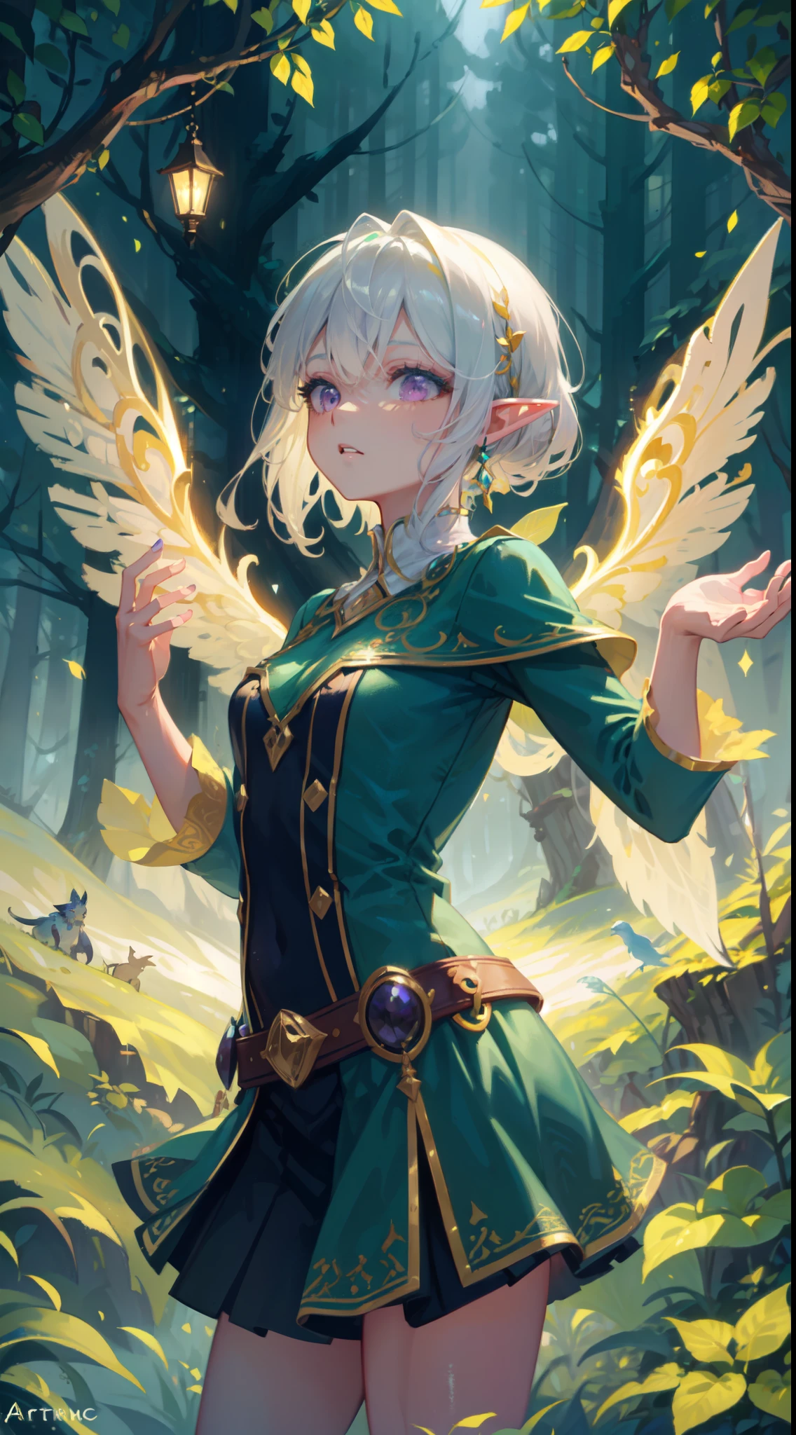 ((masterpiece, best quality)), (Exquisite art style: 1.2 + bright colors: 1.2), (HD wallpaper + ultra-high precision: 1.2), When you think of "elf wings", you will imagine a flowing, elegant elf girl, flying in the air, surrounding the woods and wilderness. Her wings can be white, gold, or silver-gray, shining. She can wear dresses, short skirts or blue silk. Surrounded by trees, flowers and small animals, it  full of nature and magic. The theme "Wings of Elves"  good at depicting brightly colored and detailed dreamy pictures, which lead people's imaginations infinitely to the world of  and fantasy,  BREAK, highly detailed of (elf), (1girl), perfect face,details eye, short hair, low ponytail, Blunt bangs, (hair between eye), white hair, violet eyes, fantasy art by Artgerm, by Kawacy, by Wadim kashin, BREAK, extremely detailed, dynamic angle, cowboyshot, the most beautiful form of chaos, elegant, a brutalist designed, vivid colours, romanticism, BREAK, eyelashes, eyeshadow, pink eyeshadow