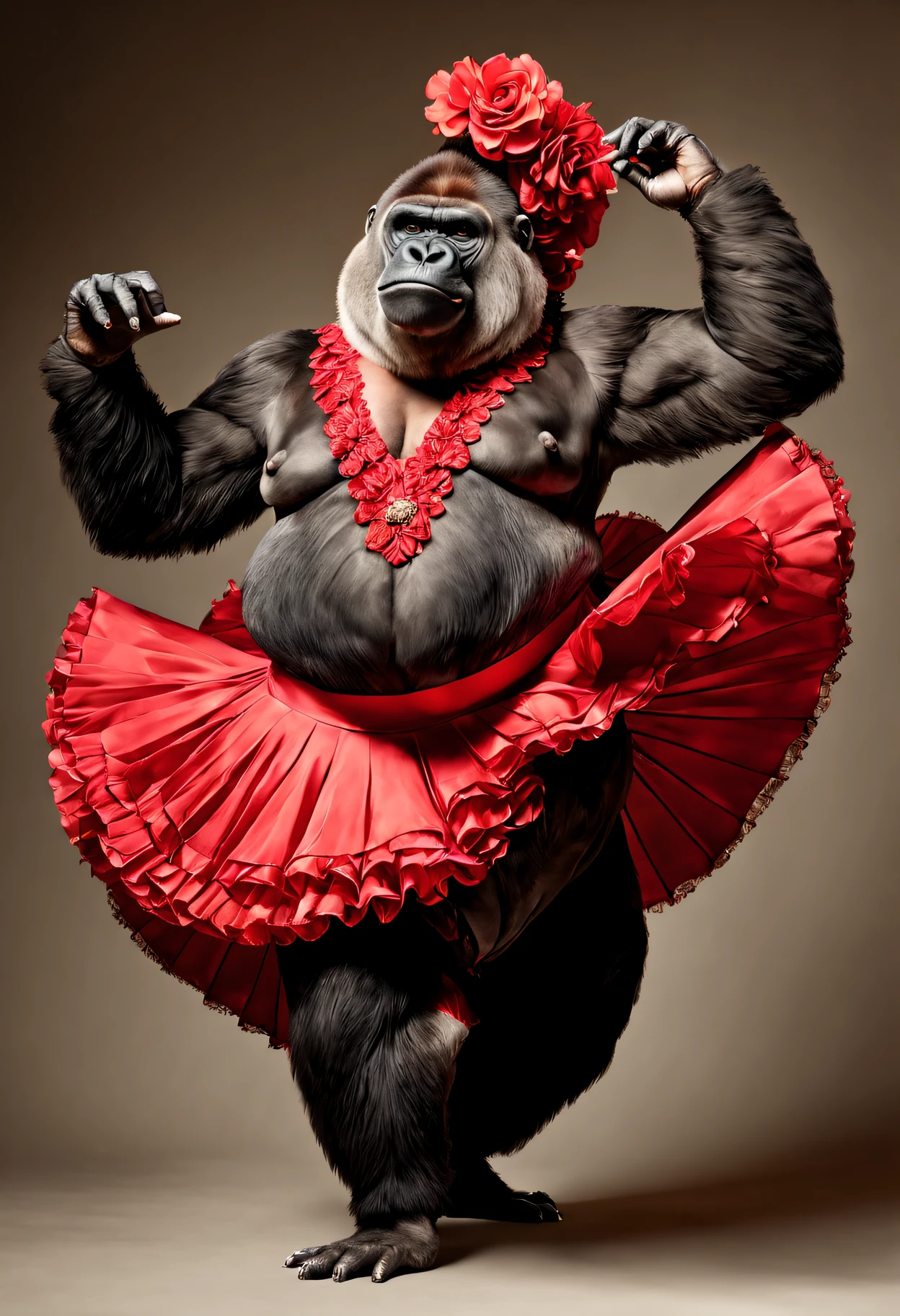 photorealistic portrait of Dressed animals - a fat gorilla flamenco dancer, large head,(flamenco action posing),  high quality,(lovely) ,intricate details, highly detailed ((flamenco costume)) ,highly detailed dress,, (happy), studio lighting,(full body image:1.5)