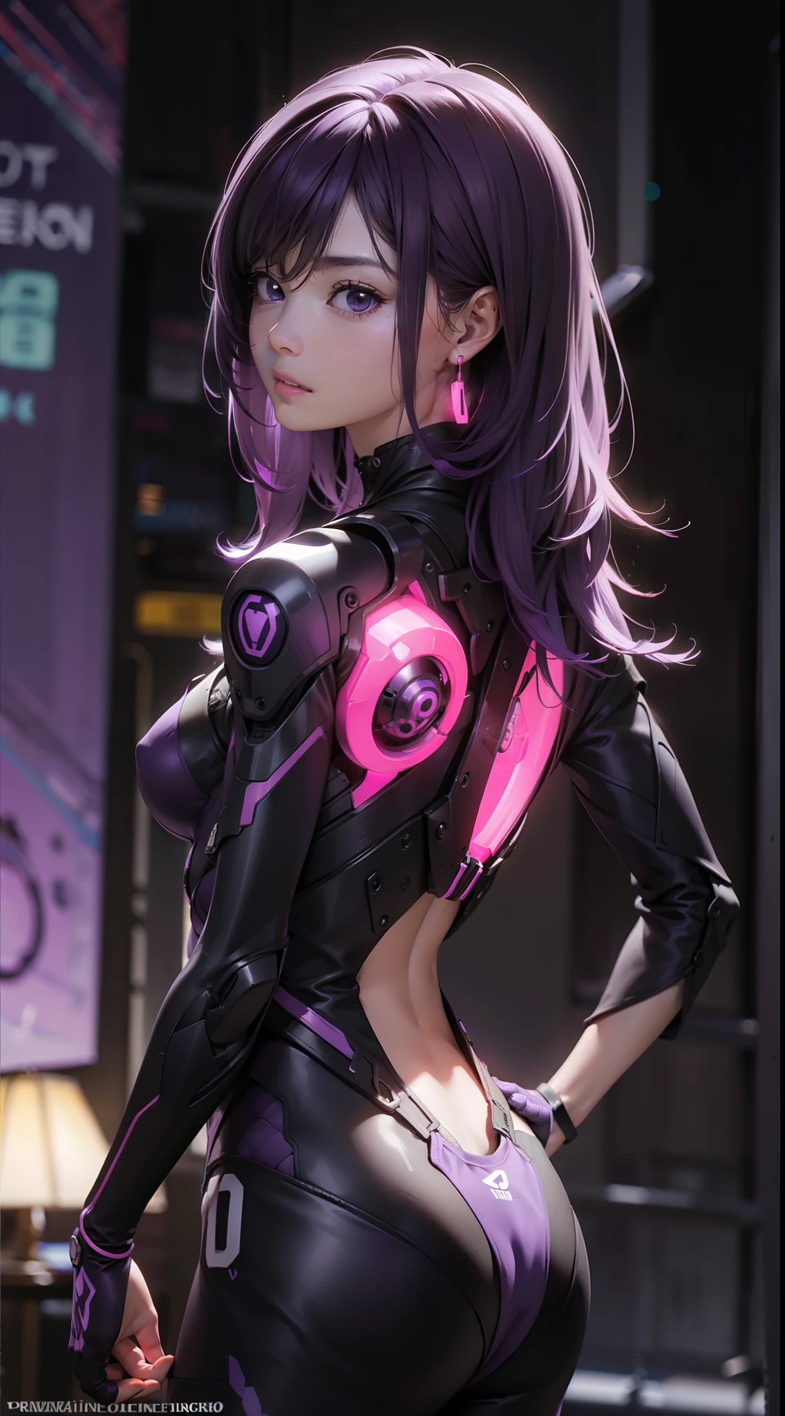 (rear view, backside view),Detalles intrincados: 1.2, Ultra-detallado、1 girl, purple hair, Corte de cuenco corto, Ojos morados brillantes, (purple neon color:1.5), pechos grandes y llenos, glowing neon earrings, tatuajes corporales, Pulsera en mano、Representa a una mujer joven como personaje central。She stands confidently in the center of the poster.,Usa un atuendo futurista cyborg de moda,(purple neon colorに輝くコスチューム:1.3),con expresiones decididas en sus rostroondo oscuro y granulado,There's a sense of crisis and a strong sense、Add drama and overall excitement。The color palette is dominated by dark colors,Salpicado de colores brillantes、Arte de la pantomima、Lenguaje corporal expresivo、silent storytelling、Gestos evocadores、Narrativas visualeondo ciudad Tokio cyberpunkAI colors:1.4),(neon glowing cyberpunk wall),organic,,(Vibrante, Foto realista, realista, dramatic, oscuro, foco nítido, 8k),,motor irreal:1.4,UHD,La mejor calidad:1.4, fotorrealista:1.4, textura de la piel:1.4, obra maestra:1.8,obra-prima, mejor calidad,(Beautiful and detailed eye description:1.4),(fondo ciudad Tokio cyberpunkAI apocalyptic colors:1.4),(piel real: 1.4,
( Perfect anatomy),(convexo, Dedos detallados )