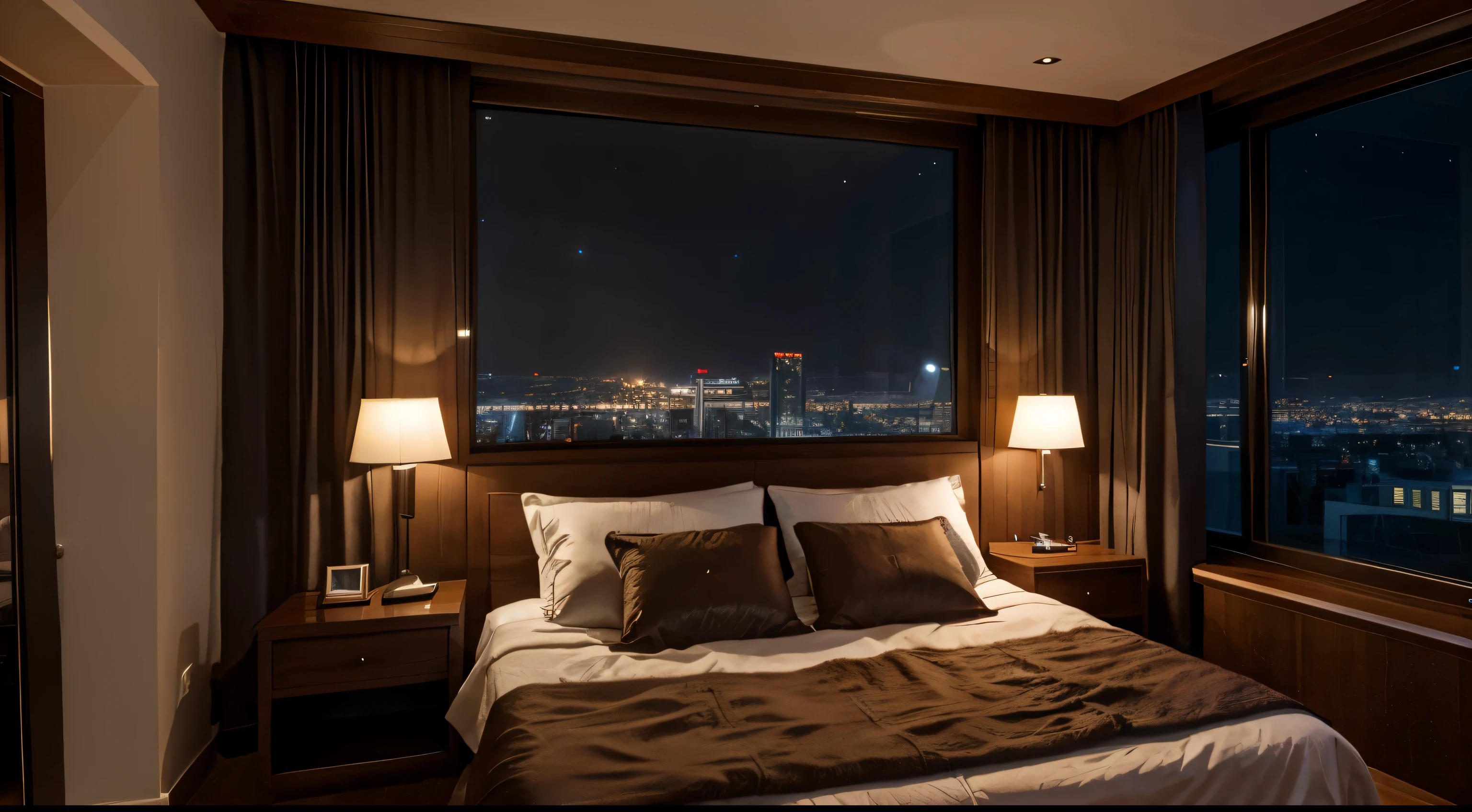 (bedroom at night), (best quality, highres), (realistic), large windows, city view, moonlight, cozy atmosphere, soft lighting, comfortable bed, stylish furniture, luxurious decor, elegant curtains, wooden floors, warm color palette, peaceful ambiance