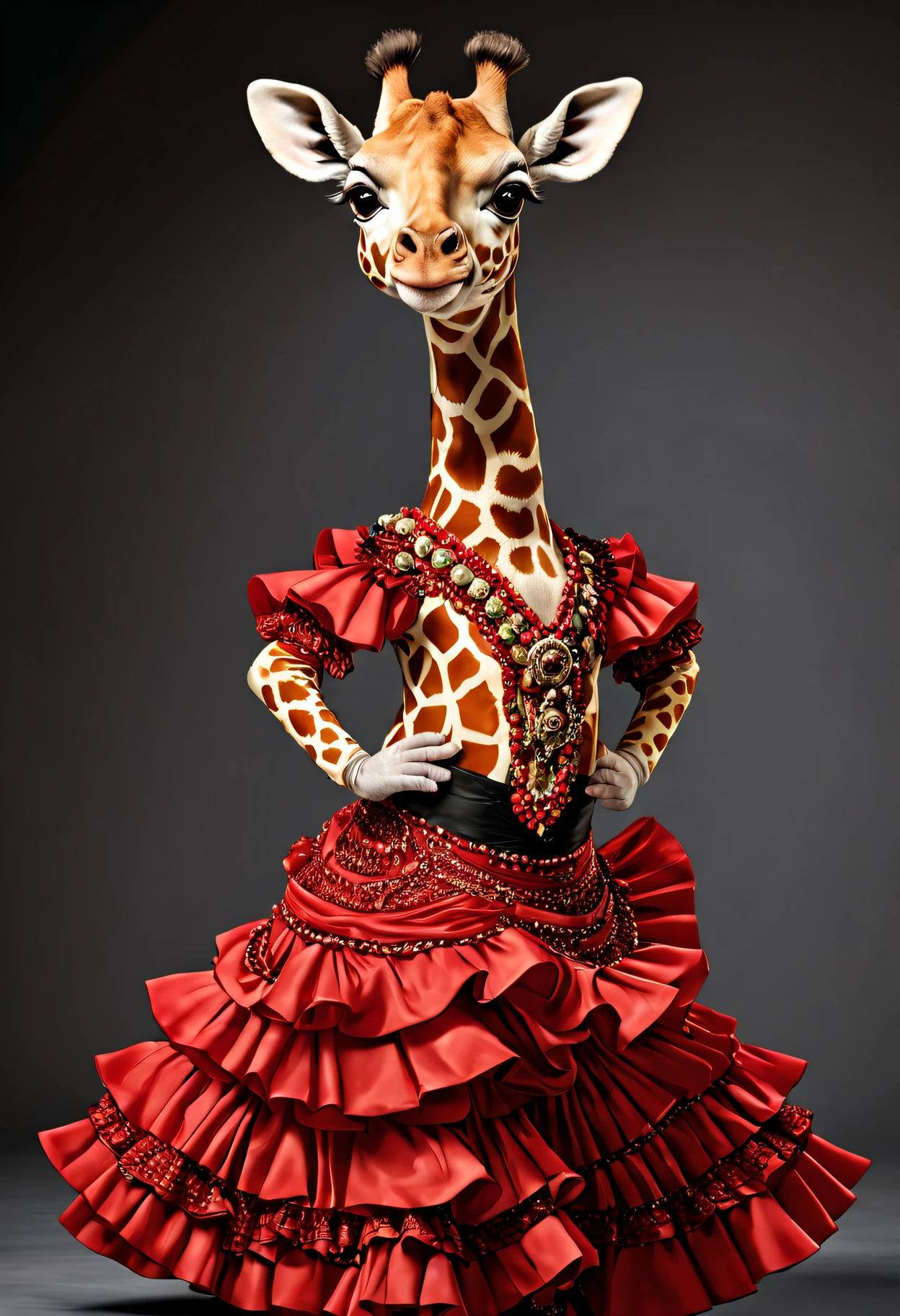 photorealistic portrait of Dressed animals - a fat baby Giraffe flamenco dancer, large head,(flamenco action posing), high quality,(lovely) ,intricate details, highly detailed ((flamenco costume)) ,highly detailed dress,, (happy), studio lighting,(full body image:1.5)