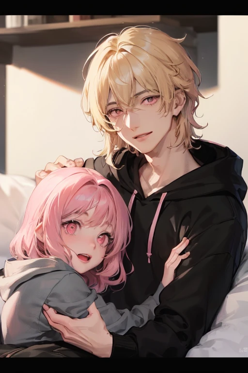 Two boy snuggling in bed ,blushing ,high quality ,masterpiece ,pink hair ,blue eyes ,blonde hair ,green hair ,boyish look