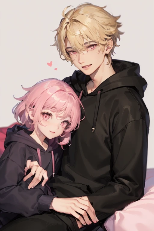 1womanl, ((long pink wavy hair)), swept bangs, ((pink eyes)), Smile, Modern clothes, cuddling ((A boy with short messy blonde hair and wearing a black hoodie))