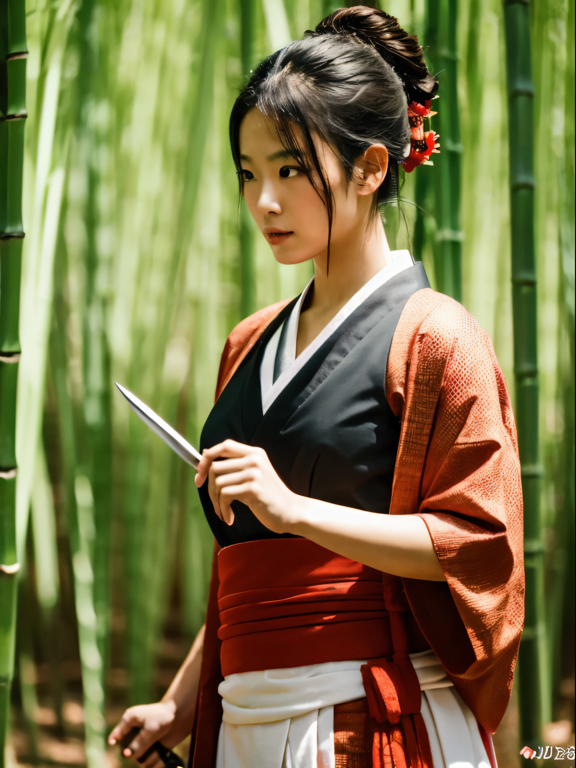 Raw photo of one female samurai, Stand in a combat stance, Pulling the sword out of the sheath in her hand, Ready for Battle, In full samurai attire (Kimono) (Bamboo forest wind), (The wind lifted the leaves), Cut her shoulder ( high skin detail: 1.2), 8K UHD, SLR camera, Soft lighting, High quality, Film grain, 富士XT3
