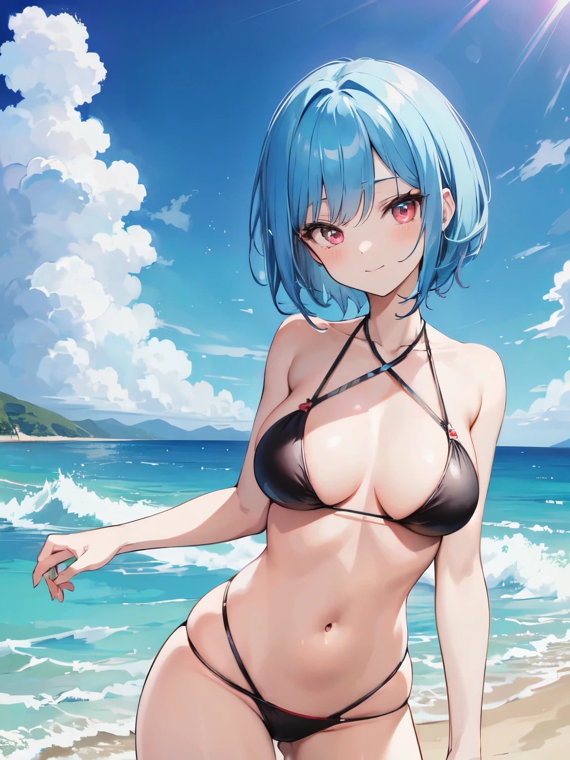 ((masterpiece, best quality)), High resolution, distinct image, (anime style:1.2), flat color, painting (1girl), (solo), (female Focus), dynamic pose ((nsfw)), smile, (black bikini), Beautiful girl with light blue hair, (short hair), (light blue short hair 1.2), (red eyes), (eyelashes), Sparkling eyes, (Perfect eyes:1.2), (Perfect iris:1.2), (large breasts 1.4), Arms behind back, beach, sand , seaside , oficial art