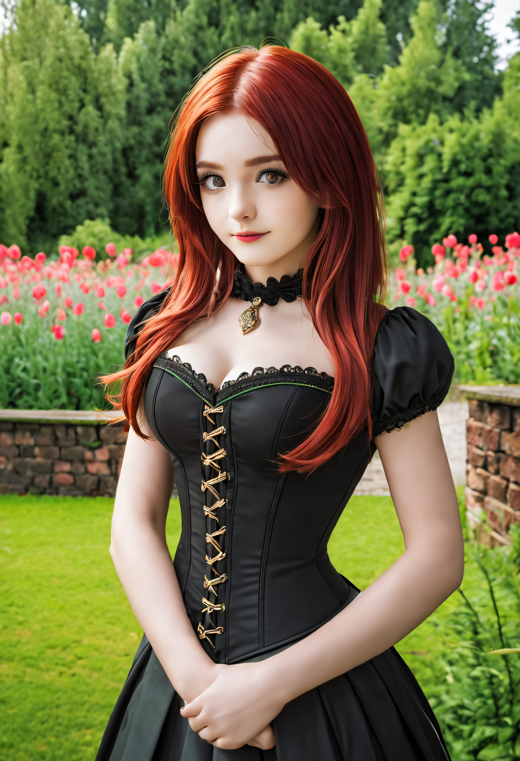 beautiful 20 year old, red hair, green eyes, enormous tits, black and red corset, background is a Victorian era bedroom overlooking a flower garden.