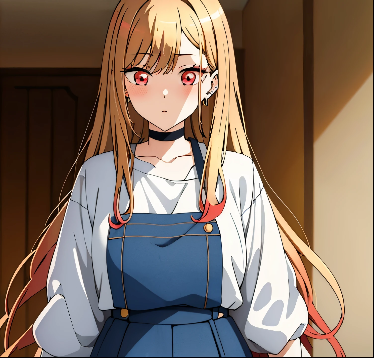 (Masterpiece, Best quality),1girl,single Marin Kitagawa, beautiful girl, blonde hair, choker, piercing ear, Earrings, Long hair, piercing, (red eyes:1.5), straight hair, swept bangs, big chest, Suspenders thin in white top, jean shorts, medium tits, , Exquisite images, High definition, Masterpiece, Best quality, Looking at the viewer, Looking at the viewer,