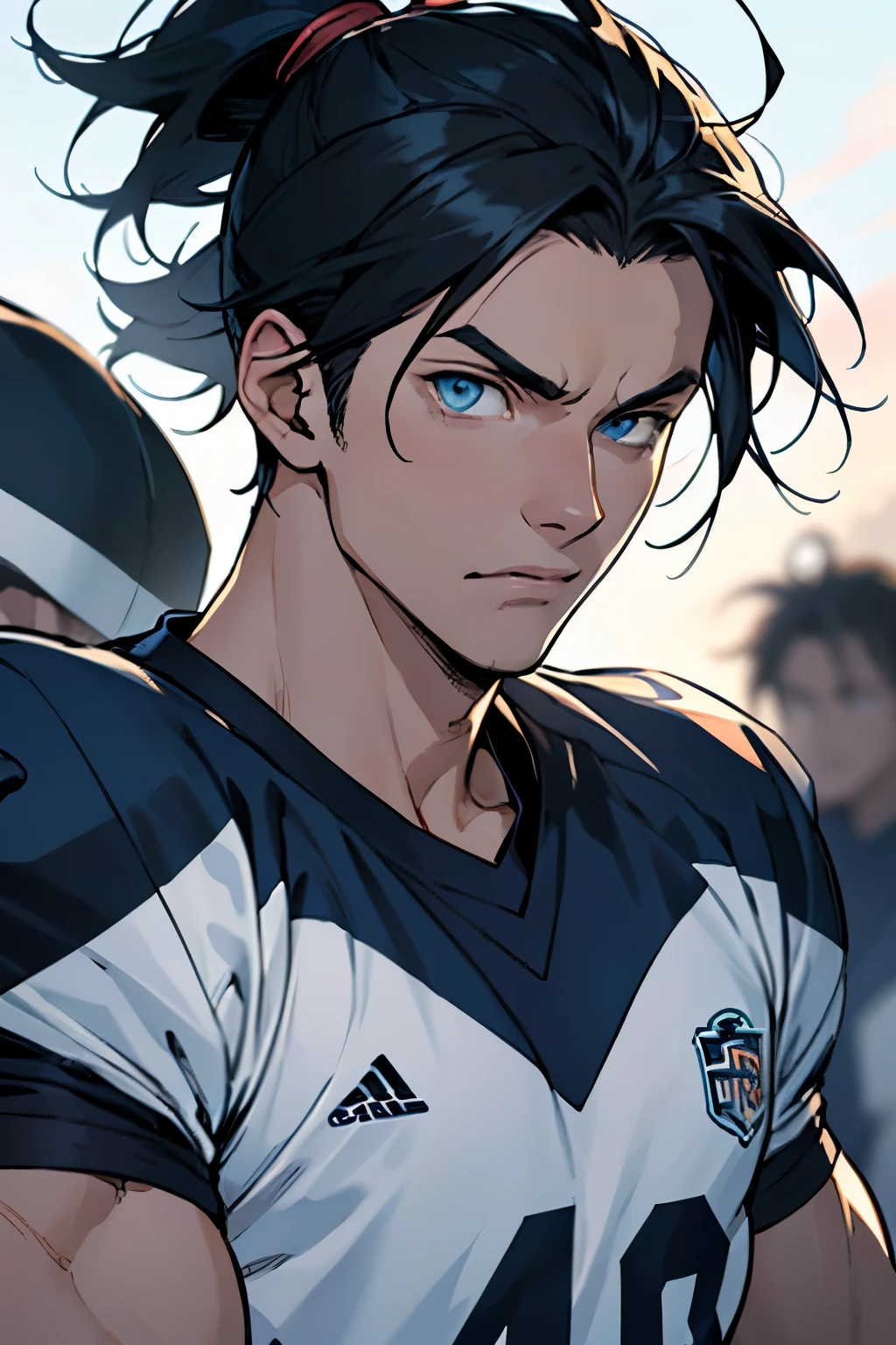 male, anime/dc/comic looking, black hair, blue eyes, wary, pretty, football jock, teenager, gloomy