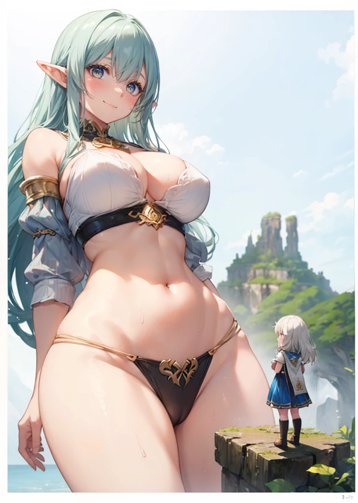 (2girls:1.4), (height difference: 1.1), (size difference: 1.1), fantasy background, a giantess looking down at a crowd of minigirls in the water below her breasts, a giantess towering over a tiny woman on a tiny platform, (forests), cliffs, hills, cleavage, thighs, elfgirl, sweaty, navel, toned, giant, giantess, very tall, slim waist, cute elven bra, (minigirls below the breasts of a giantess: 1.2), (rear end: 1.4), long hair, petite, tall, (multiple girls: 1.1), (crowds:1.3), cameltoe, (adult woman: 1.2), (cute mature woman: 1.2), very detailed, beautiful, professionally drawn, armpit, sweaty
