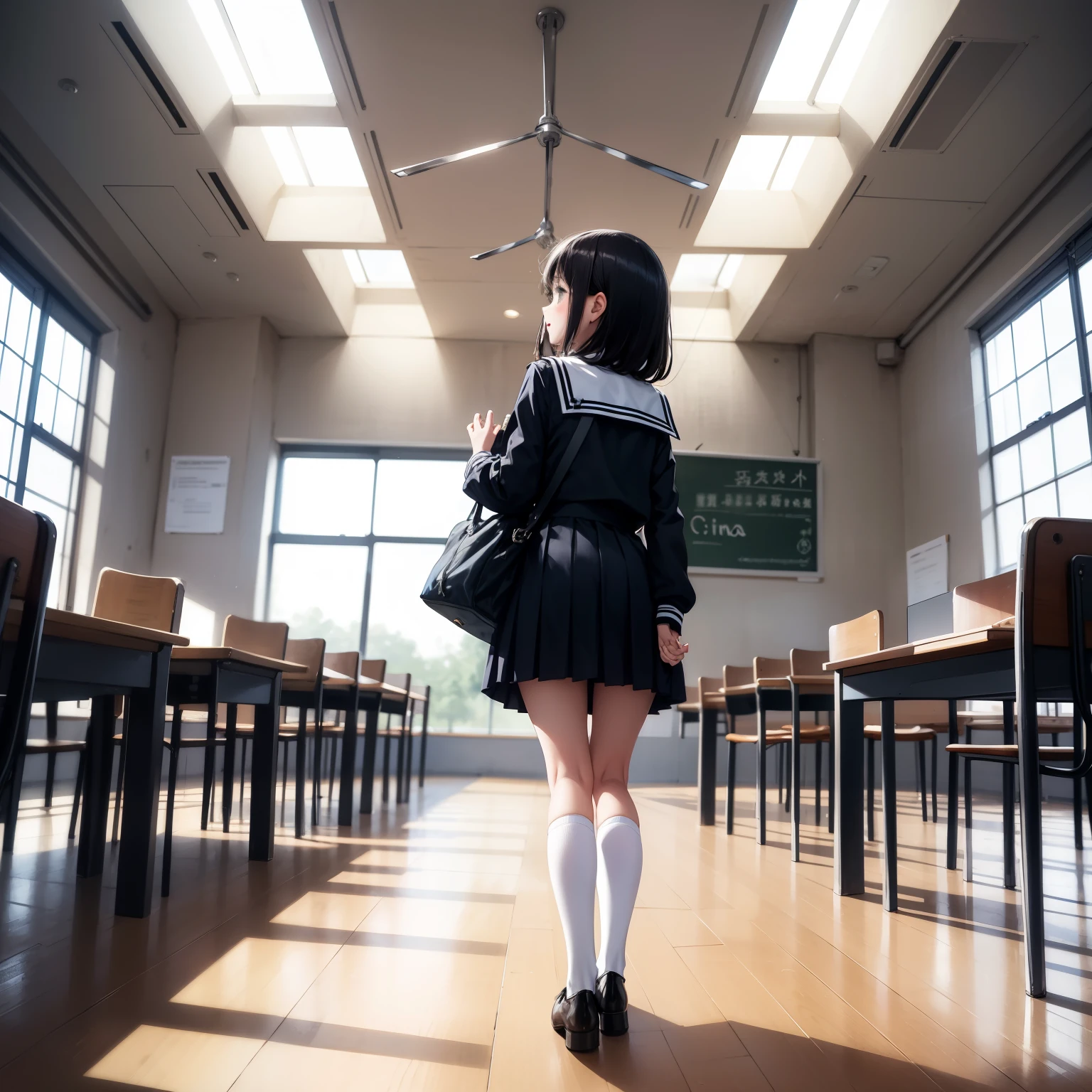 (Masterpeace, best quality), menili, pequ Estudante, Uniforme escolar, saia para cima, calcinha estampa, deitado na mesa, from behind, fundo pequeno, sala de aula, sorrir, fun, Volumetric lighting, sunlight, brilhante