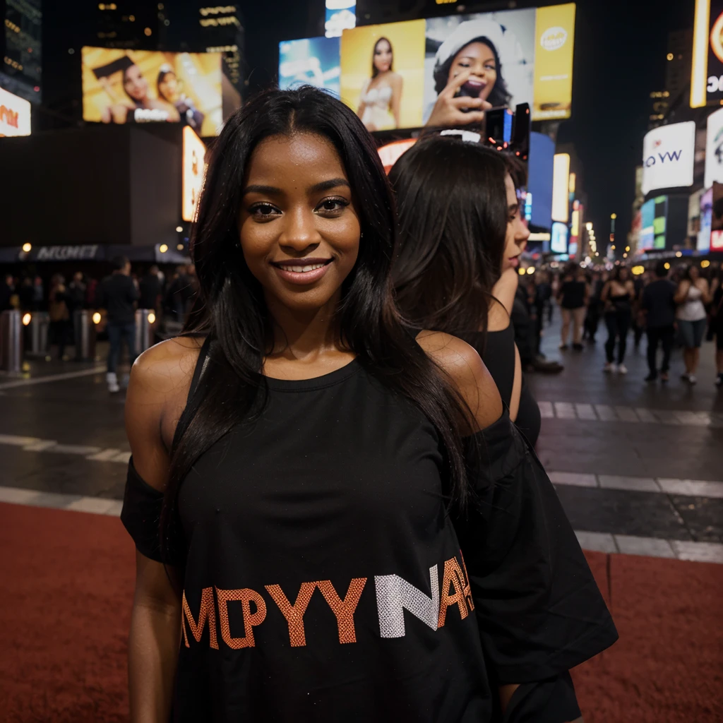 Mulher preta, panoramic portrait, new years eve, times square, comemorando, pulando, feliz, pele preta, ebony-esque, roupas coloridas, sorridente, cinemactic, Fotografia RAW, 8k, , master part, corpo inteiro, Qualidade Superior, Poro Fino, Realistic, foto realista, ultra detalhado