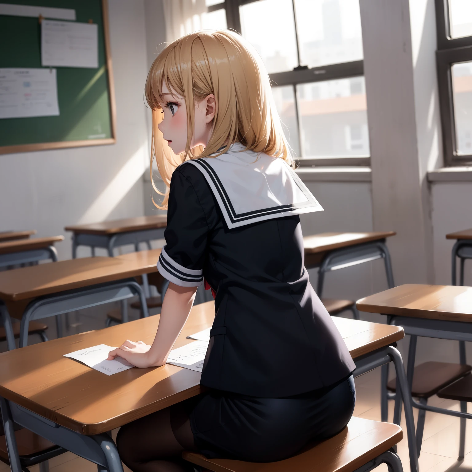 (Masterpeace, best quality), 10yo menina, Loli, pequeno, Estudante, Uniforme escolar, saia para cima, calcinha estampa, deitado na mesa, from behind, fundo pequeno, sala de aula, sorrir, fun, Volumetric lighting, sunlight, brilhante