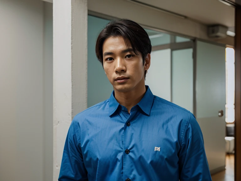 homem coreano 30 anos camisa azul