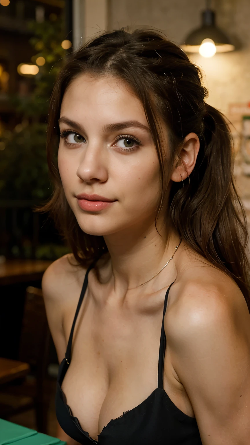 20 years old, Italian, girl, same face, cute face, slim body, night time, black dress with cleavage around the neck , at restaurant eating, aqua eyes, green eyes, brunette hair, pony tail, cute face, happy expression