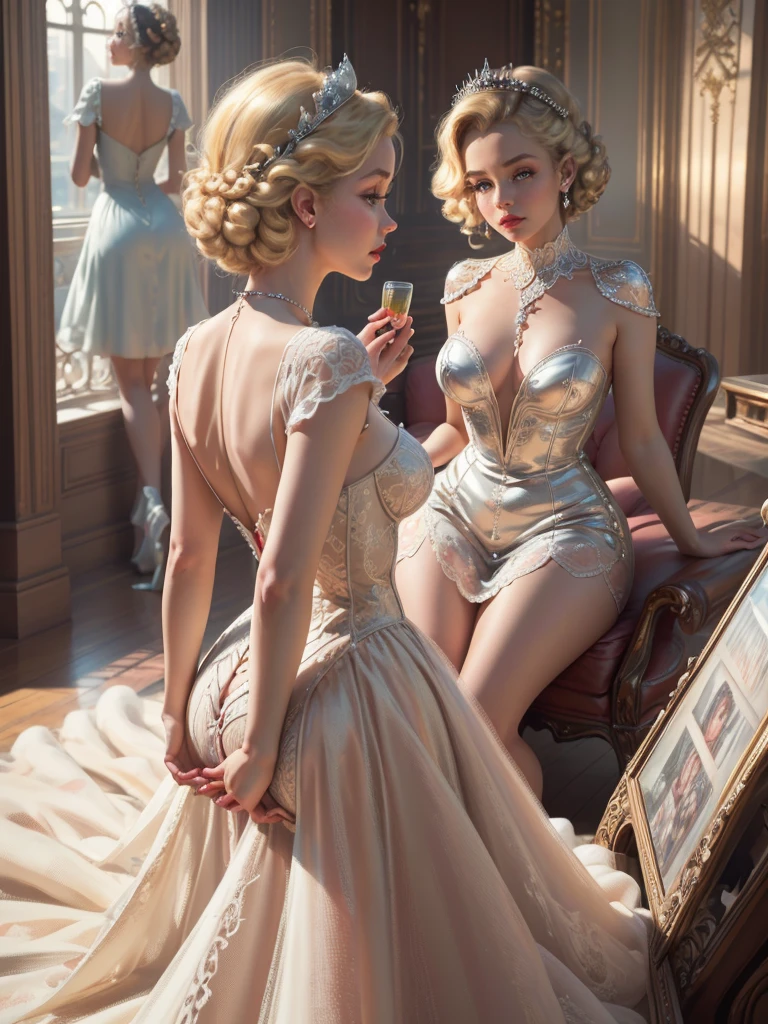 (Masterpiece - Ultra-Detailed, High Resolution) Prepare to be enchanted by a true masterpiece that combines ultra-detailed art with high-resolution rendering. This work shows a mesmerizing woman, with short, light blonde hair, 1950s style, Marilyn Monroe (1.3) and captivating brown eyes (1.2), New York illustration style, wearing red lipstick, emanating an aura of elegance and mystery. Wearing classic 1950s clothing. backwards, looking back Intricate details and realistic textures invite you to explore every aspect of this enchanting composition. Transparent white dress. NYC illustration. Get ready to dive into a world where beauty and craftsmanship merge perfectly. CLOSE UP the face, portrait