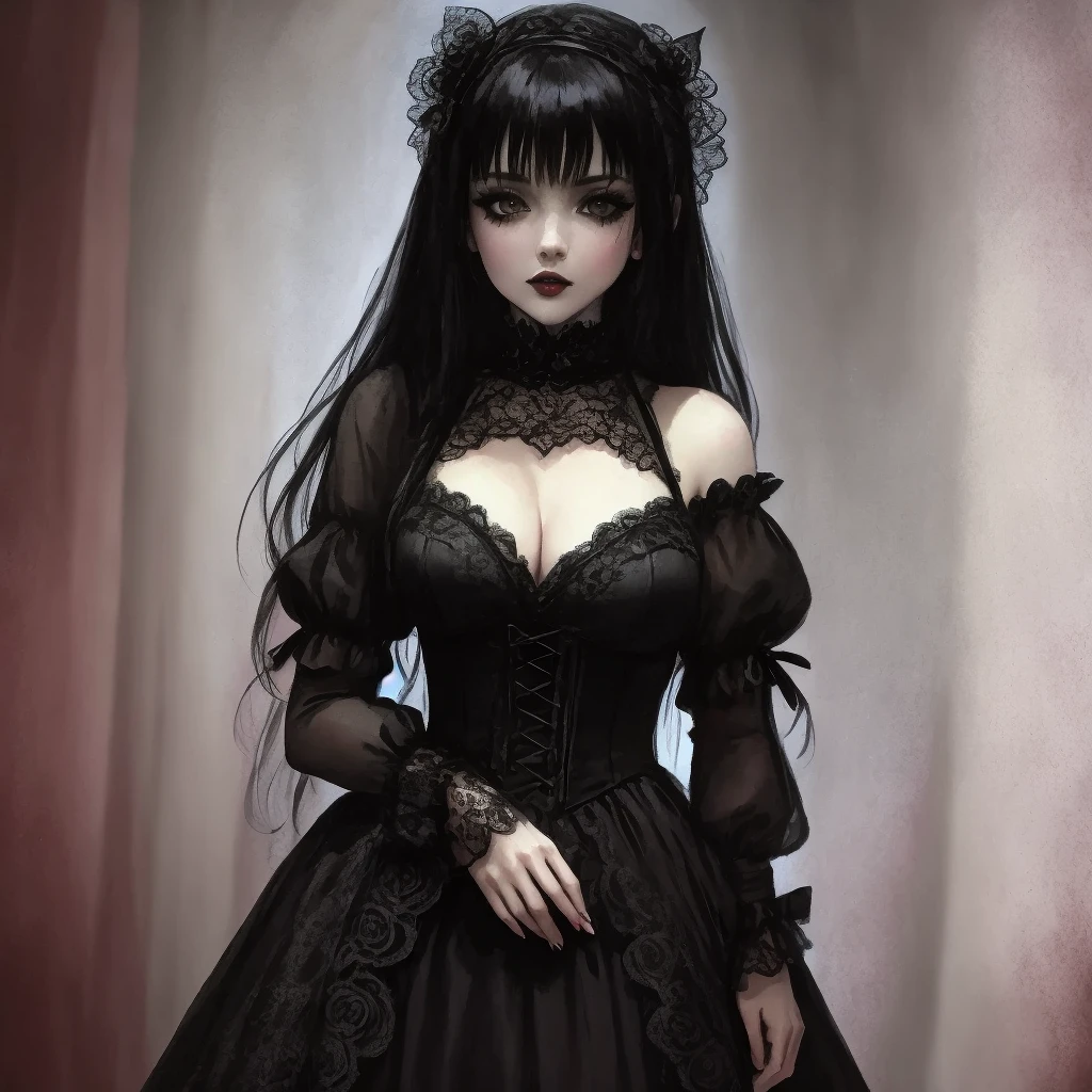 gothic woman in black dress with black lace sleeves, gothic maiden of the dark, gothic maiden, goth woman, gothic girl, wearing a gothic dress, female vampire, scary pose, gothic clothing, elvira in tattered clothes, tattered gothic horror maiden, gothic outfit, gothic fantasy, gothic girl dressed in black, creepy pose, gothic dress