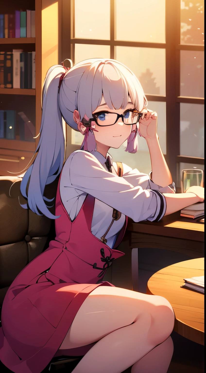 Best quality at best,tmasterpiece,Extremely Delicately Beautiful,The content is very detailed,CG,gatherings,8k wallpaper,An Astonishing,depth of fields,1 little Chinese girl,10 year old Chinese child,Very cute look,delicate skin,Flawless Face,plain face,white color hair,长长的white color hair,high ponytails,There are two strands of white hair on both sides of the ears,Wear pink hair accessories,Eye color is sky blue,Elaborate Eyes,Wear half-rimmed glasses, Eyes sparkle,sleepy face, (wear white shirt,small), sitting down, Learn,intermittently, lying on the table, get a pencil, opened book, glass of milk, table light, intermittently, natta,in library, wall decorate, Mini library, glass window, wall clock, intermittently, 电影灯光, realistically, tmasterpiece, Best quality, Complex CG, The face is very detailed, High detail eyes