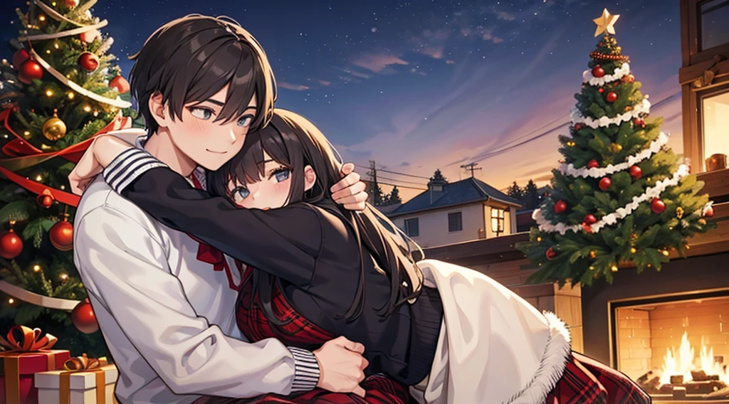 Couple Boy and girl hugging at Christmas, with a Christmas tree in the background and several gifts, wearing warm clothes