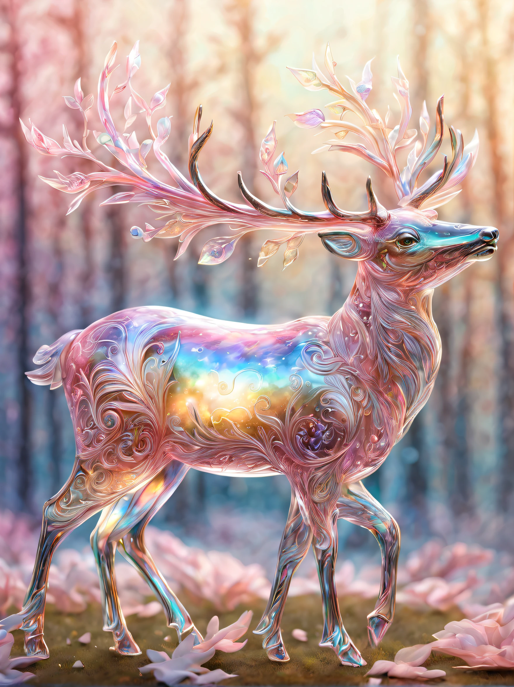 extremely delicate iridiscent deer made of glass, translucent, tiny golden accents, beautifully and intricately detailed, ethereal glow, whimsical, art by Mschiffer, best quality, glass art, magical holographic glow , Watercolor, trending on artstation, sharp focus, studio photo, intricate details, highly detailed, by greg rutkowski, pink tone color