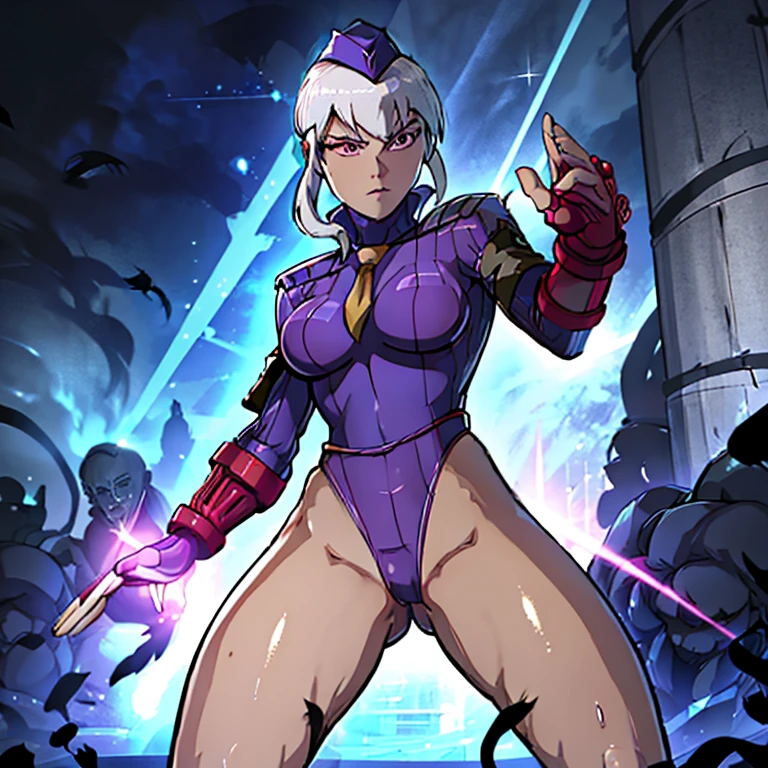 ultra-detailed, Explicit, Beautiful body, Beautiful Nose, Beautiful character design, perfect eyes, perfect face, ultra highres, 4K, beautiful legs, perfect legs, Nice hands, Perfect hand, Masterpiece, Best Quality, Highly detailed, illustration, absurdres, street fighter, doll suit, shadaloo doll, dollsuit, girls, multiple girls, expressionless, blank eyes, looking at viewer, red gloves, emotionless, black latex, corrution, mind control, female combatant, full body, hypnotized, unhappy trance, full body suit, ribbed bodysuit, obey, perfect female body, extremely glossy latex, hypnosis, hypnoLora, empty eyes, Mind control device, poses, brainwashed, submissive_pose, Slave, hat, necktie, belt, latex, garter belt, thighhighs, stand up straight, standing, standing at attention, fighting stance, Ben 10, white hair, charmcaster, low ponytail, pink eyes, dark skin, long hair