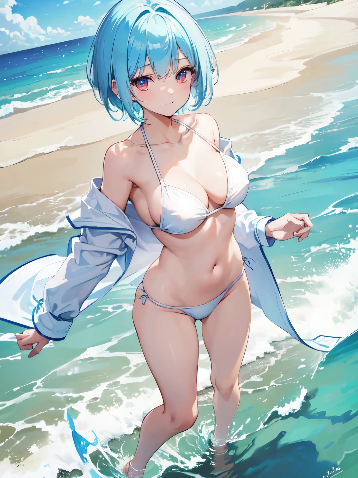 ((masterpiece, best quality)), High resolution, distinct image, (anime style:1.2), flat color, painting (1girl), (solo), (female Focus), dynamic pose ((nsfw)), smile, (white bikini), Beautiful girl with light blue hair, (short hair), (light blue short hair 1.2), (red eyes), (eyelashes), Sparkling eyes, (Perfect eyes:1.2), (Perfect iris:1.2), (large breasts 1.4), beach, sand , seaside , oficial art