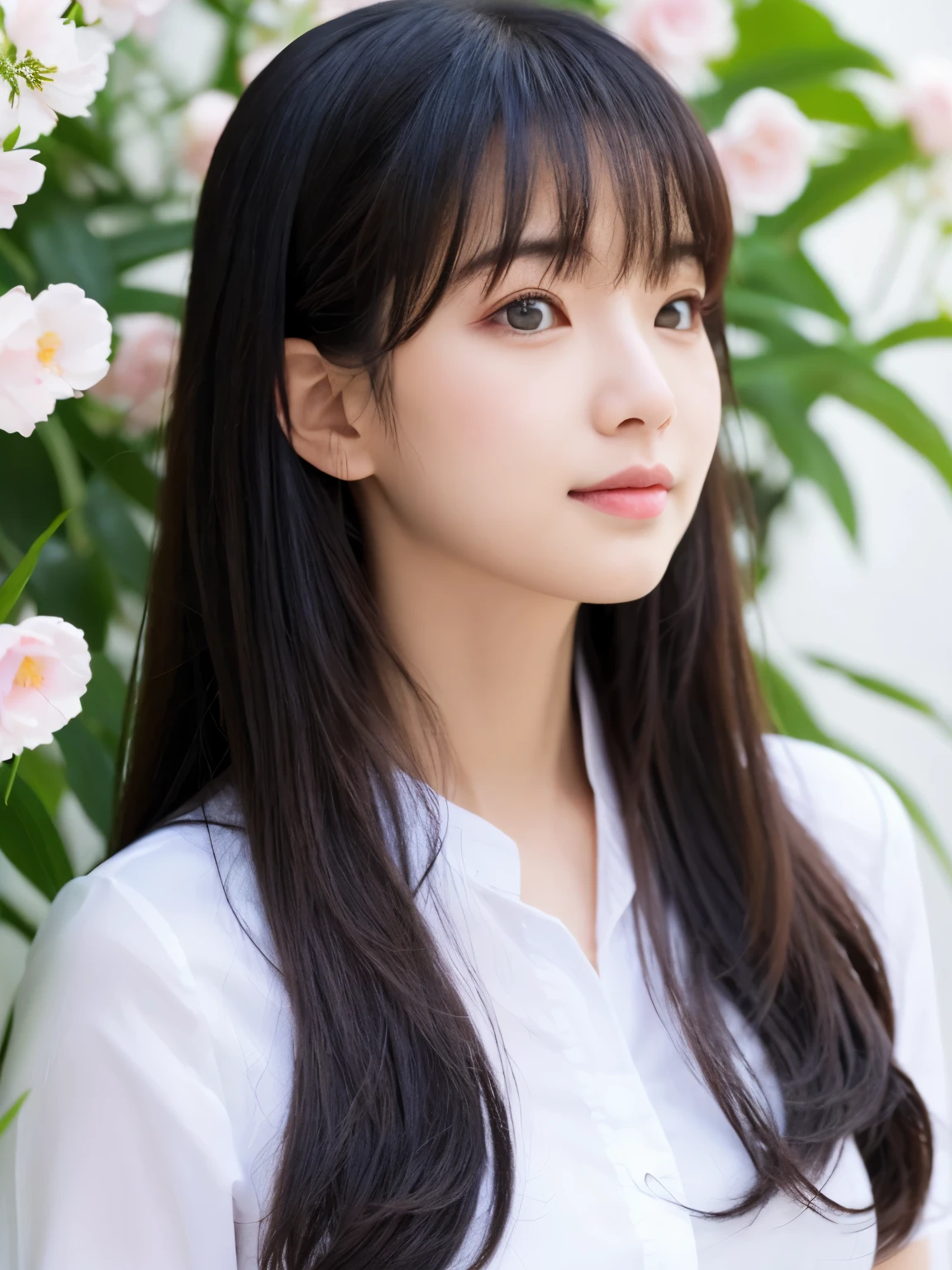 Best Quality, masutepiece, Extremely detailed, Detailed background, 1girl in, Solo, Long hair, flower, Blue hair, White background, pink flower, Simple background, profile, Upper body, Shirt, white Shirt, white flower, Bow, Bangs, Purple eyes, fronds, blush