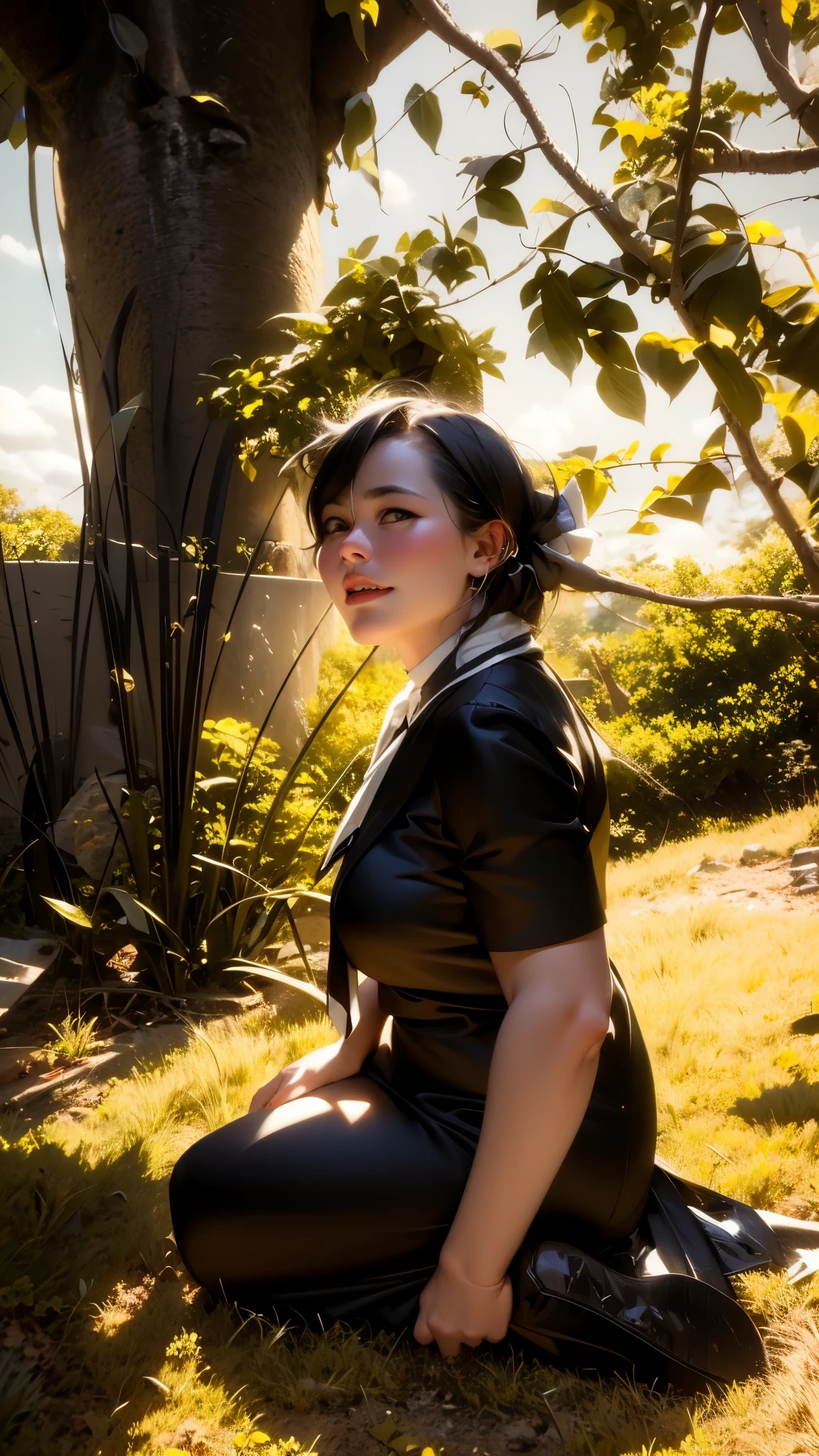 woman sitting on a bench in a black dress and white collared shirt, mid shot portrait, as wednesday addams, photo portrait, inspired by Ayako Rokkaku, inspired by Itō Shinsui, captured on iphone, next to a tree, wearing dark maritime clothing, profile picture, inspired by Rumiko Takahashi, inspired by Matsui Fuyoko