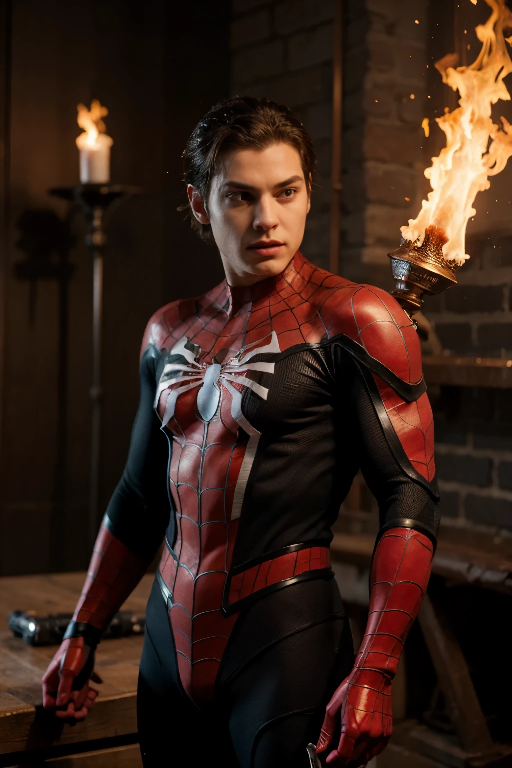 The pink Spider-Man with a flower in his hand and in the other hand a red sword imbued with flames