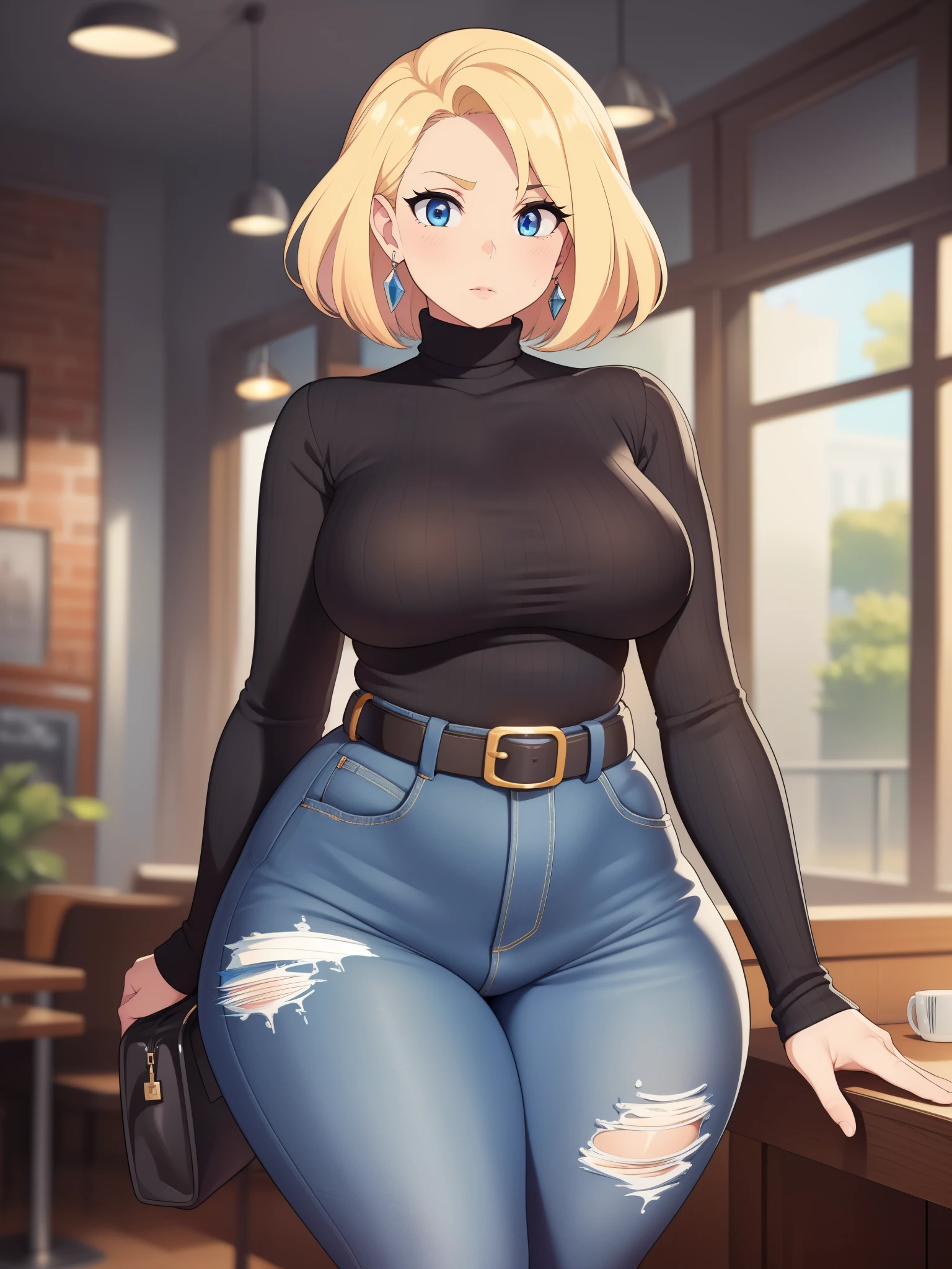 ((Masterpiece)), perfect anatomy, perfect shading, field of depth, (best quality), extremely delicate and beautiful, perfect lighting, detailed face, ultra cute face, cute, (cowboy shot 1.2), full body, (((1girl))), ((solo)), looking at viewer,
short hair, fluffy hair, blonde hair, blue eyes, Glasselush)), shy, nervoulack turtleneck sweater 1.5), (jeans 1.2), belt, extremely tight clothes, medium breasts, ((wide hips)), ((thick thighs)), ((chubby)), belly bulge, belly hang,
coffee shop, intricate background, detailed background, hand on hip, holding coffee cup,