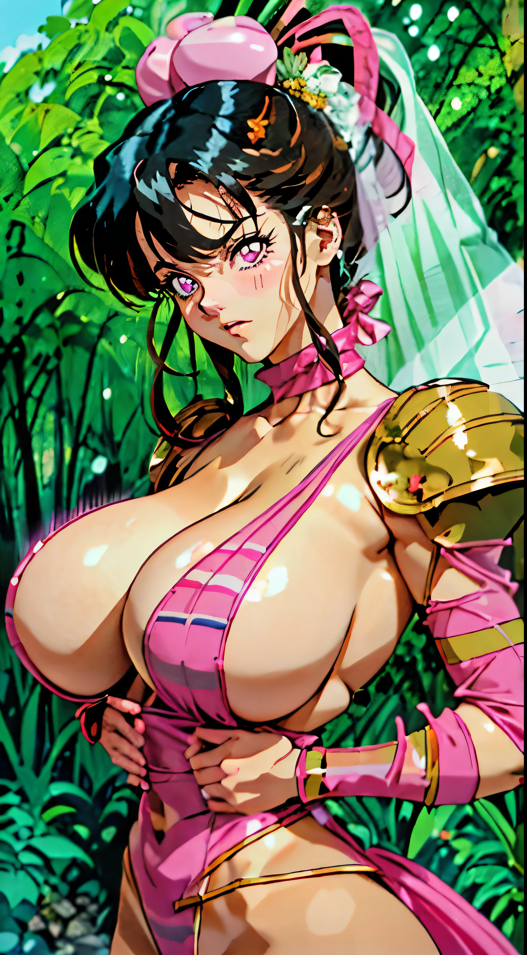 nsfw, 1990s \(style\), retro artstyle, 1990s anime cels style, best quality, high resolution, forest, huge breasts, riesz, winged helmet, dress, armor, shoulder armor, bridal gauntlets, cleavage, blush, embarrassed. ((Black hair with pink stripes)). ((Pink eyes)). Nudity. Sexual pose.