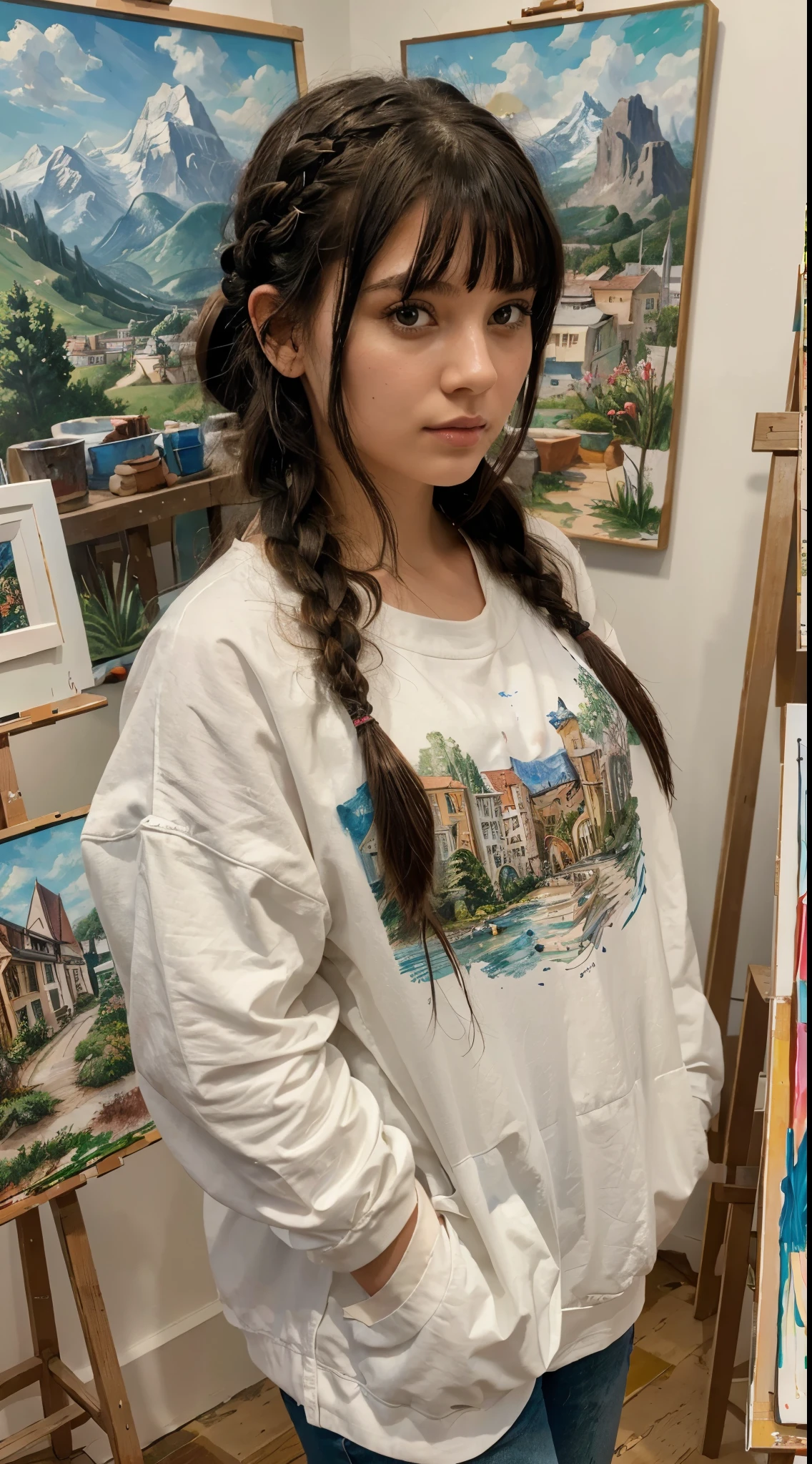 masterpiece, best quality, ultra-detailed, 1girl, art studio, modern, painting landscape, bangs, braided hair, medium wavy hair, black hair, artist, paint, working
