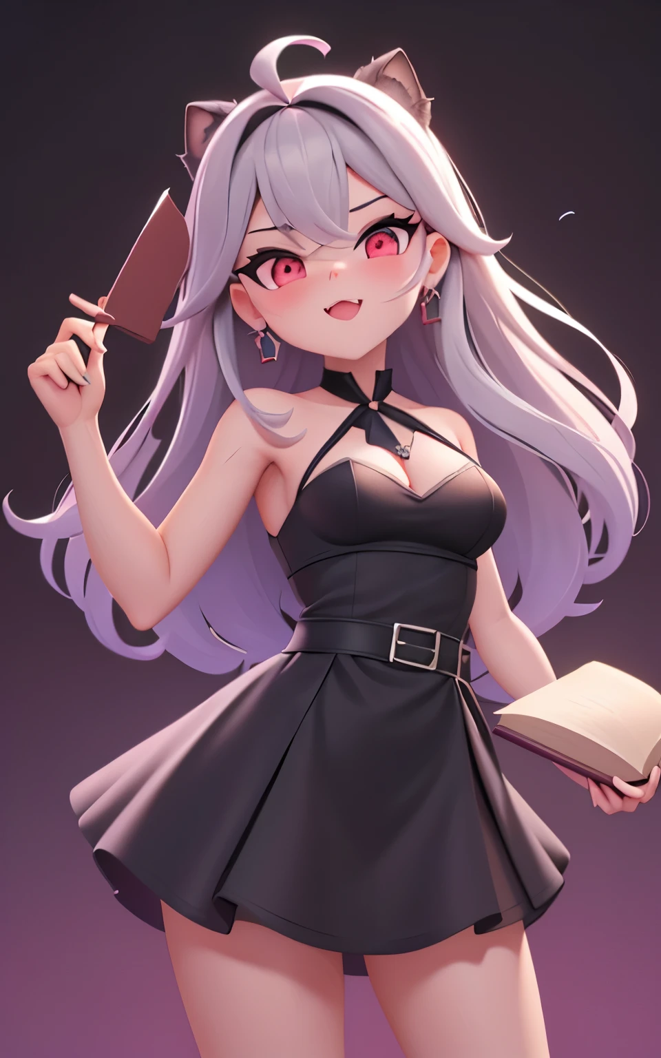 Pixar, 1girl em, Devilish appearance, (cabelos prateados curtos:1.5), eyes are red, corar, (Ahoge:1.2), olhos suaves, (Pose Livre:1.3), hairbow, (Asas e cauda do diabo ????? crescem:1.3), (Chifres de vaca preta crescem:1.2), (Devilish black dress:1.2), solo, franja, Females, parte superior do corpo