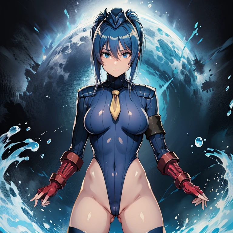 ultra-detailed, Explicit, Beautiful body, Beautiful Nose, Beautiful character design, perfect eyes, perfect face, ultra highres, 4K, beautiful legs, perfect legs, Nice hands, Perfect hand, Masterpiece, Best Quality, Highly detailed, illustration, absurdres, street fighter, doll suit, shadaloo doll, dollsuit, girls, multiple girls, expressionless, blank eyes, looking at viewer, red gloves, emotionless, black latex, corrution, mind control, female combatant, full body, hypnotized, unhappy trance, full body suit, ribbed bodysuit, obey, perfect female body, extremely glossy latex, hypnosis, hypnoLora, empty eyes, Mind control device, poses, brainwashed, submissive_pose, Slave, hat, necktie, belt, latex, garter belt, thighhighs, stand up straight, standing, standing at attention, fighting stance, yu-gi-oh, Eria the Water Charmer, blue hair, blue eyes, long hair,