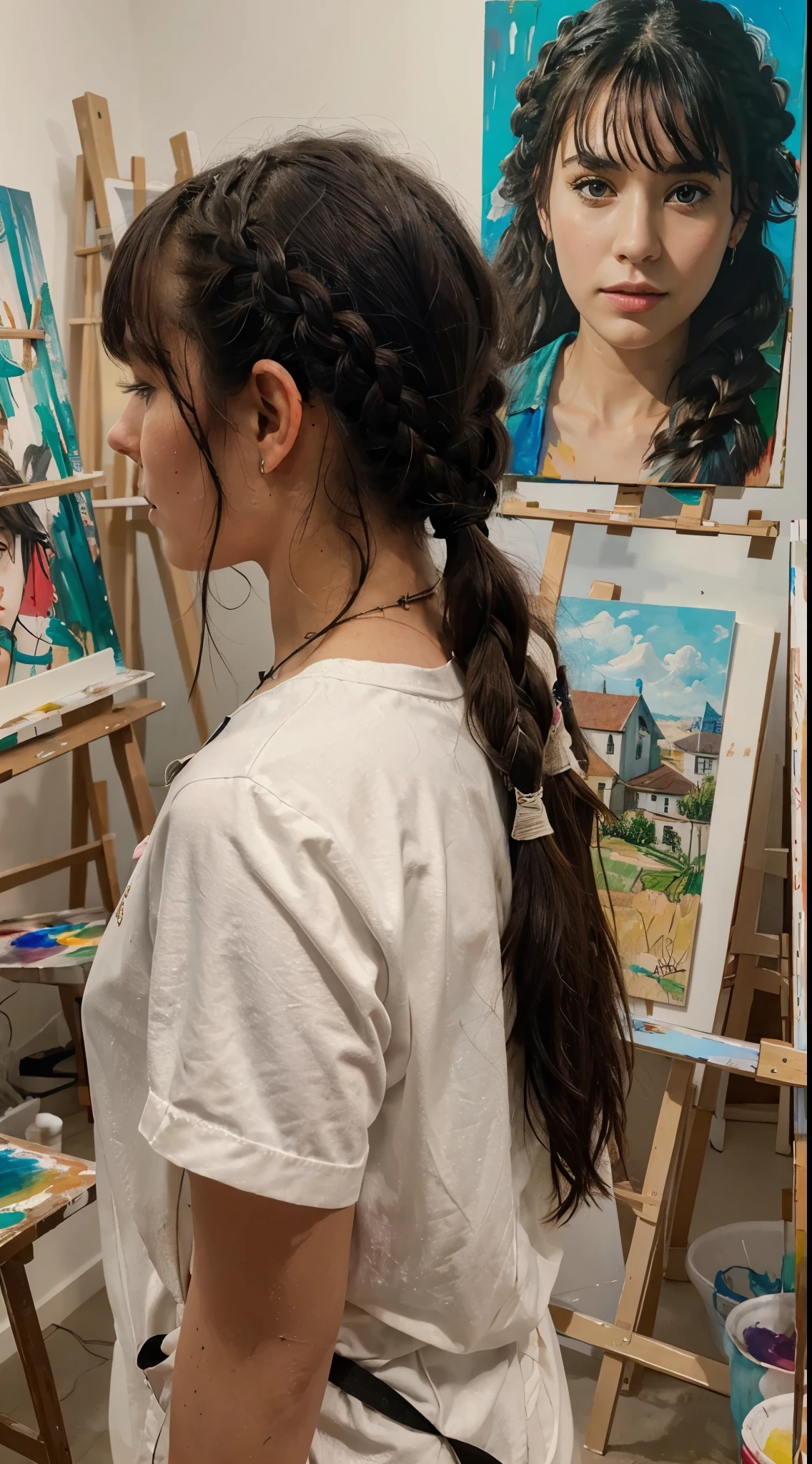 masterpiece, best quality, ultra-detailed, 1girl, art studio, modern, painting landscape, bangs, braided hair, medium wavy hair, black hair, artist, paint, working