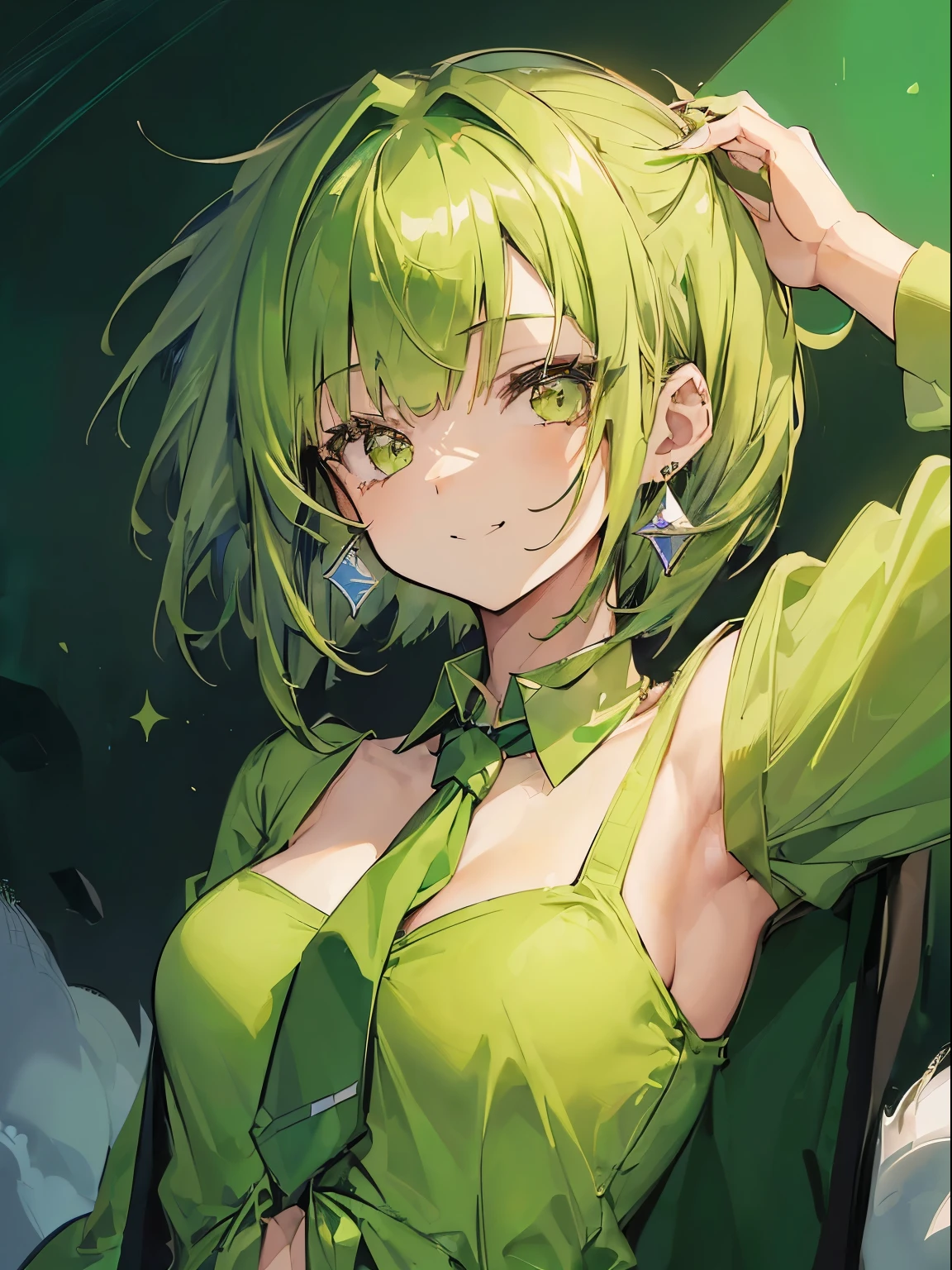 Anime girl with green hair and green dress posing for a picture - SeaArt AI