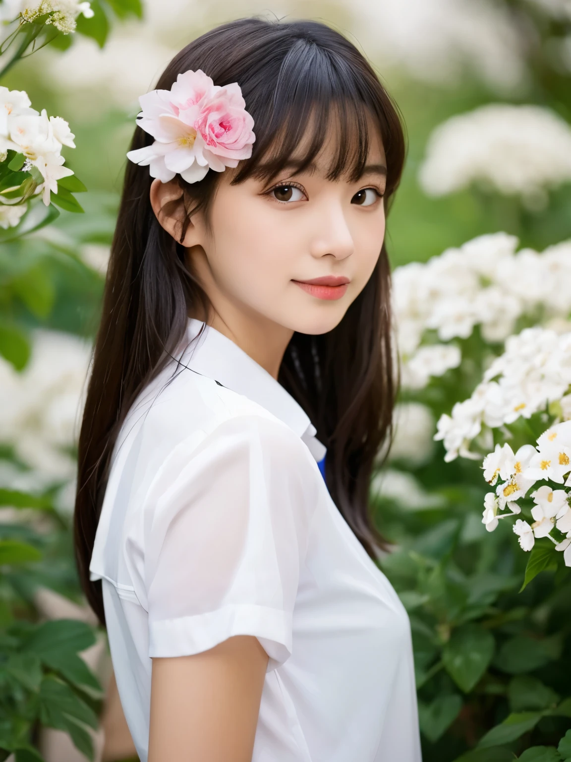 Best Quality, masutepiece, Extremely detailed, Detailed background, 1girl in, Solo, Long hair, flower, Blue hair, White background, pink flower, Simple background, profile, Upper body, Shirt, white Shirt, white flower, Bow, Bangs, Purple eyes, fronds, blush