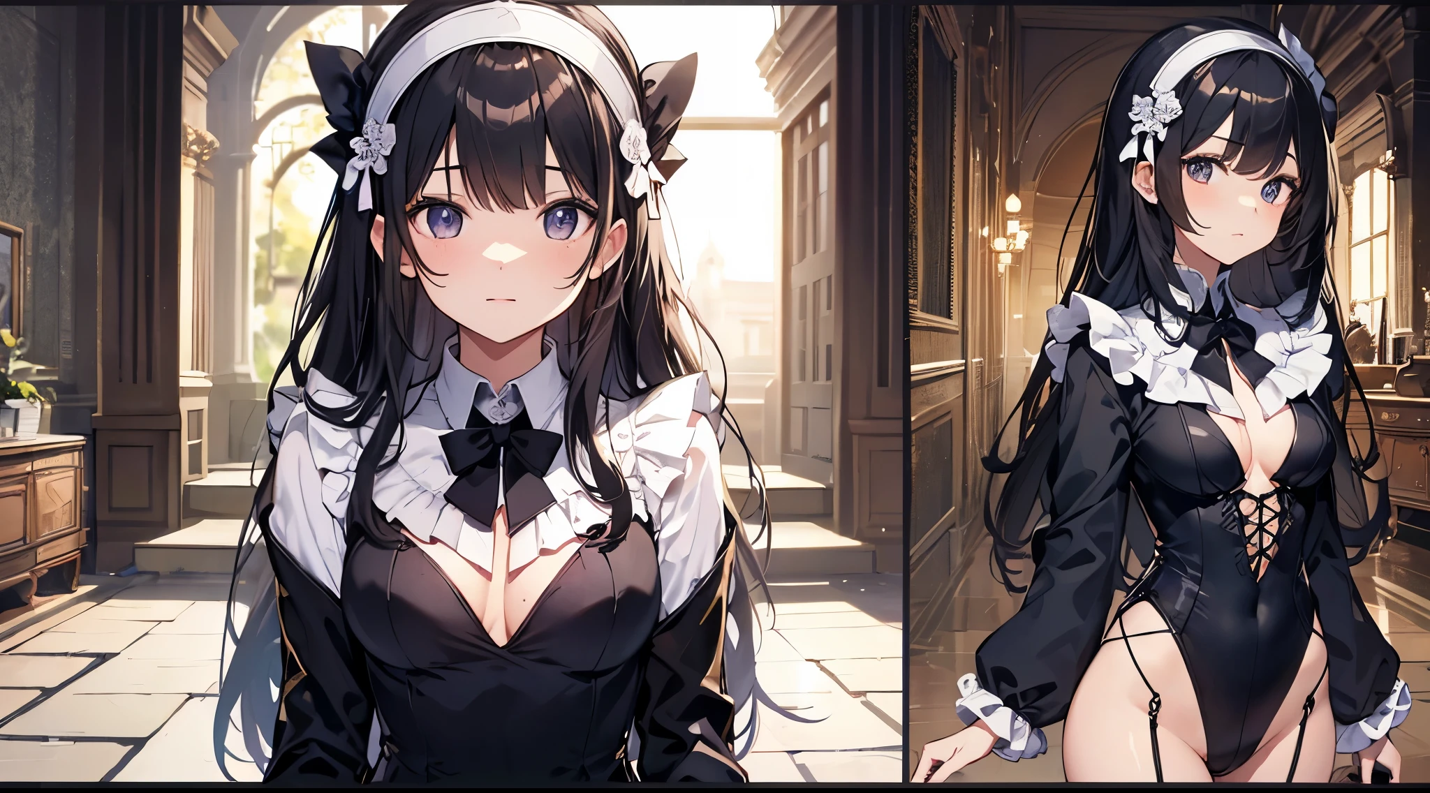 ((4k、8k、top-quality、perfect fingers: 1.3、perfect anatomia: 1.3、Background blur))、(Transformation Sequence)、((a beautiful slender girl、cute big droopy eyes、Two side up straight long hair、 girl、Small breasts))、((butler uniform leotard、long-sleeve、gorgeously decorated headband))、(highleg)、Shy laughter、Standing、whole body display、Inside the aristocratic hall、