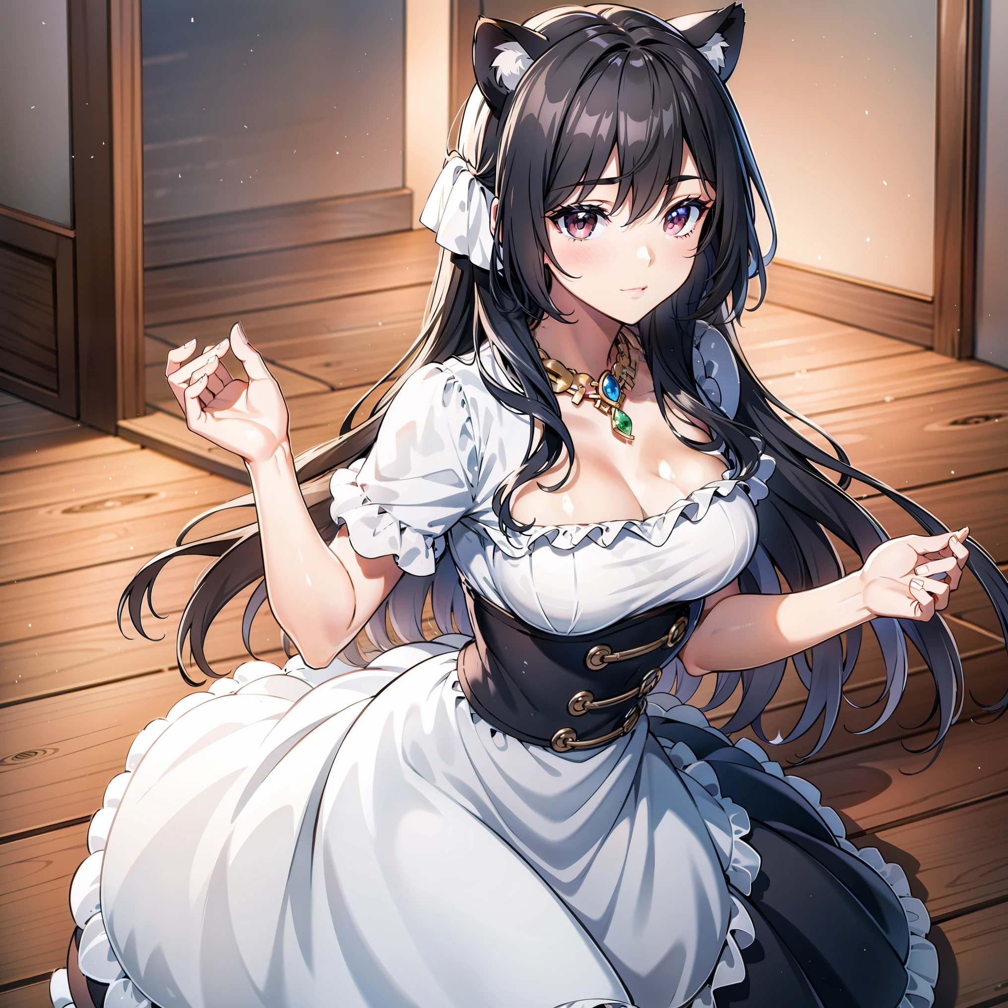 Kirito pink white egyptian costume Cat ears Extra large breasts breast enlargement Dancing alone in the ballroom blushing shy full-body shot looking at the camera and smiling illustration, ultra-detailed, HDR, vibrant colors, soft lighting 