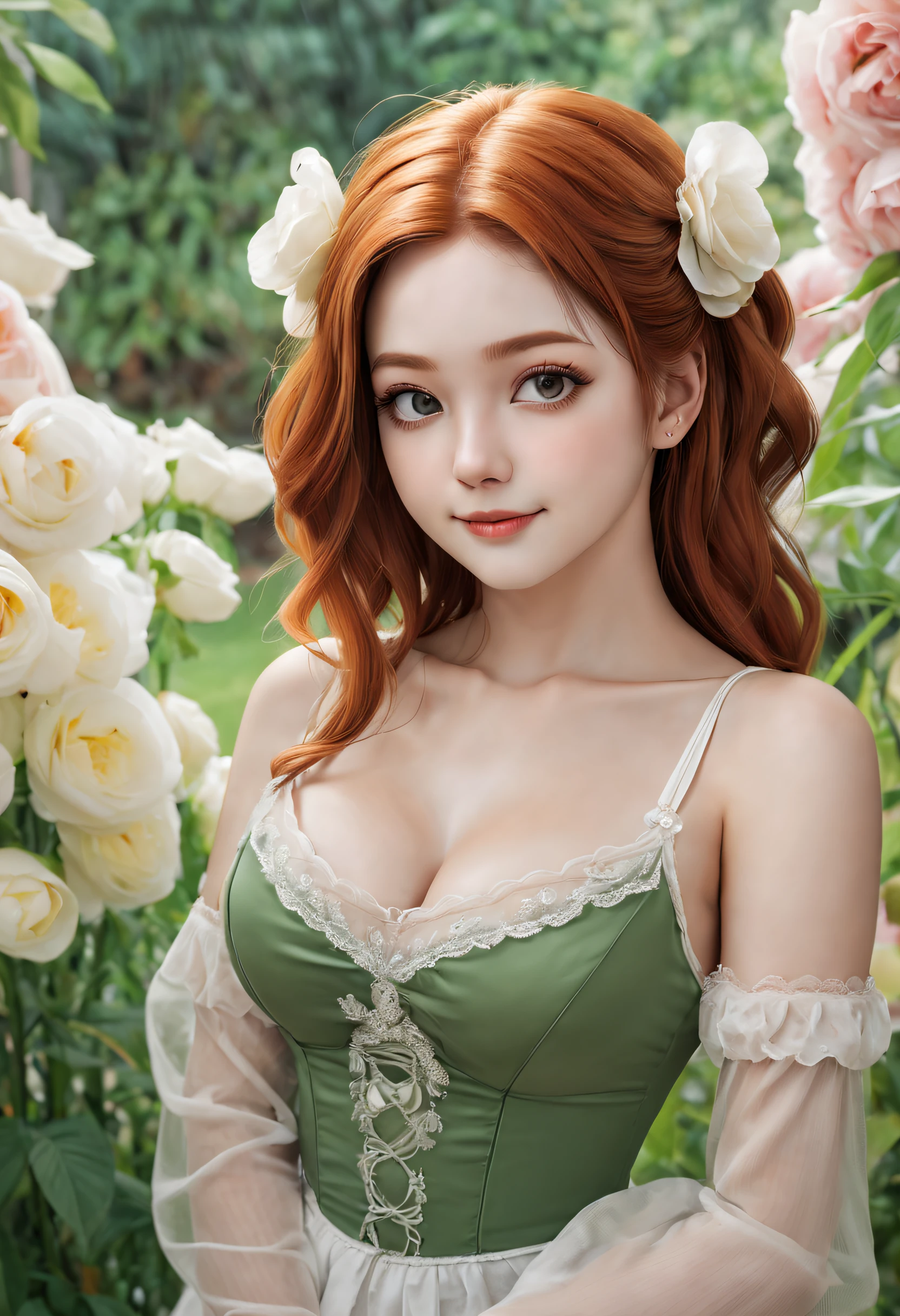 beautiful 20 year old, red hair, green eyes, photo-realistic skin texture, seductive smile, enormous tits, sexy see-thru lingerie, background is a Victorian era bedroom overlooking a flower garden.