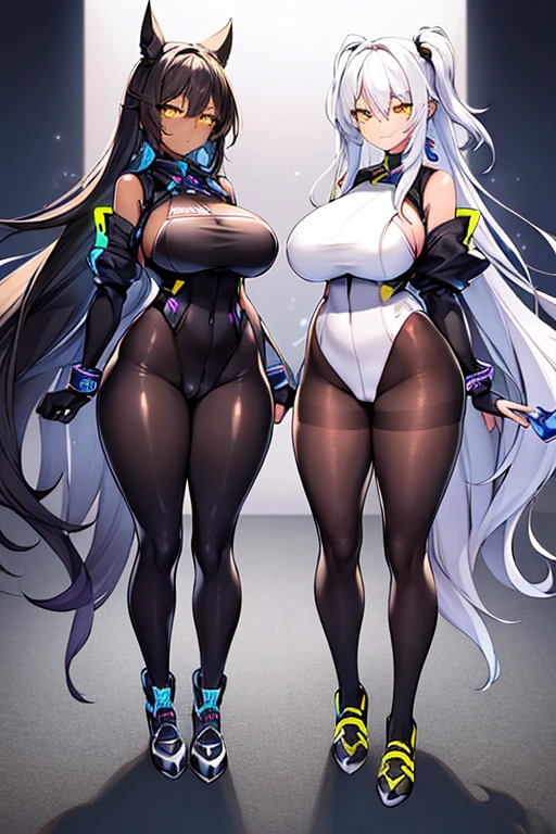 2girls, dark-skinned females, dark-skinned female, female, dark body, dark skin, large breasts, breasts, wide hips, white hair, long hair, yellow eyes, futuristic, science-fiction, tech, pantyhose, black pantyhose, bodysuit, black bodysuit, white trim, smile, smirk, smug, full body, ((full body)), neon, neon trim