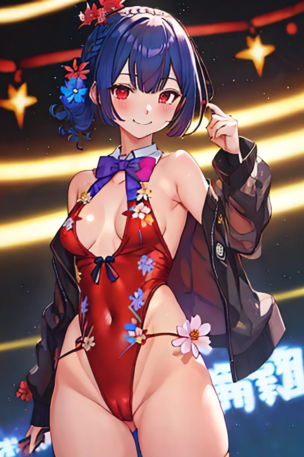 Best Quality, masutepiece, hight resolution, Solo, {Morino_rinse_Idol Star Shiny Colors:1.15}, Red_Eyes, Bangs, blush, Black_hair, Smile, Blue_hair, Short_hair, hair_ornament detached, Closed_Mouth, 1girl in, ((hinomaru leotard))、highleg、up looking_で_viewer,, See-through, breasts, flower, hair_flower, hair_Over_Shoulder, Small_breasts, 鎖骨, Navel, _Background, Blurry, Blurry_Background, Single_braid, 上半身_Body