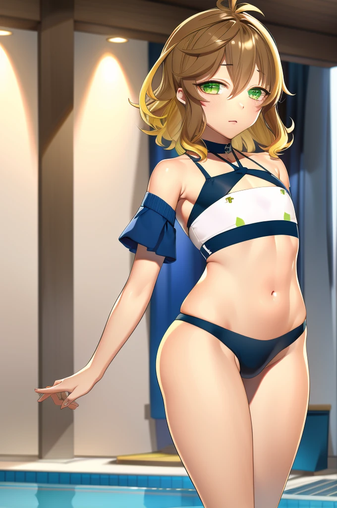 amicia michella - nijisanji, anime style, 1girl, brown short hair, yellow inner hair, wavy hair, green eyes, detailed eyes, midriff, girly face, blushed, seductive, wide hips, thick thighs, huge round ass, flat chested, (((full flat chest))), full body, dynamic pose, thong, pool, absurdres, high res, ultrasharp, 8K, masterpiece, looking at viewer