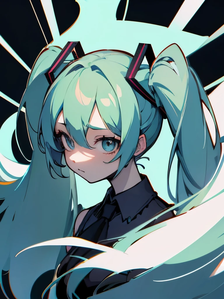 miku hatsune, A wistful look, Pale shadows,  animesque, Twin-tailed, face with high quality,  with outline, Bokaro, Raking up your hair, Illustration style, Awesome cutest,  warm, neck tie