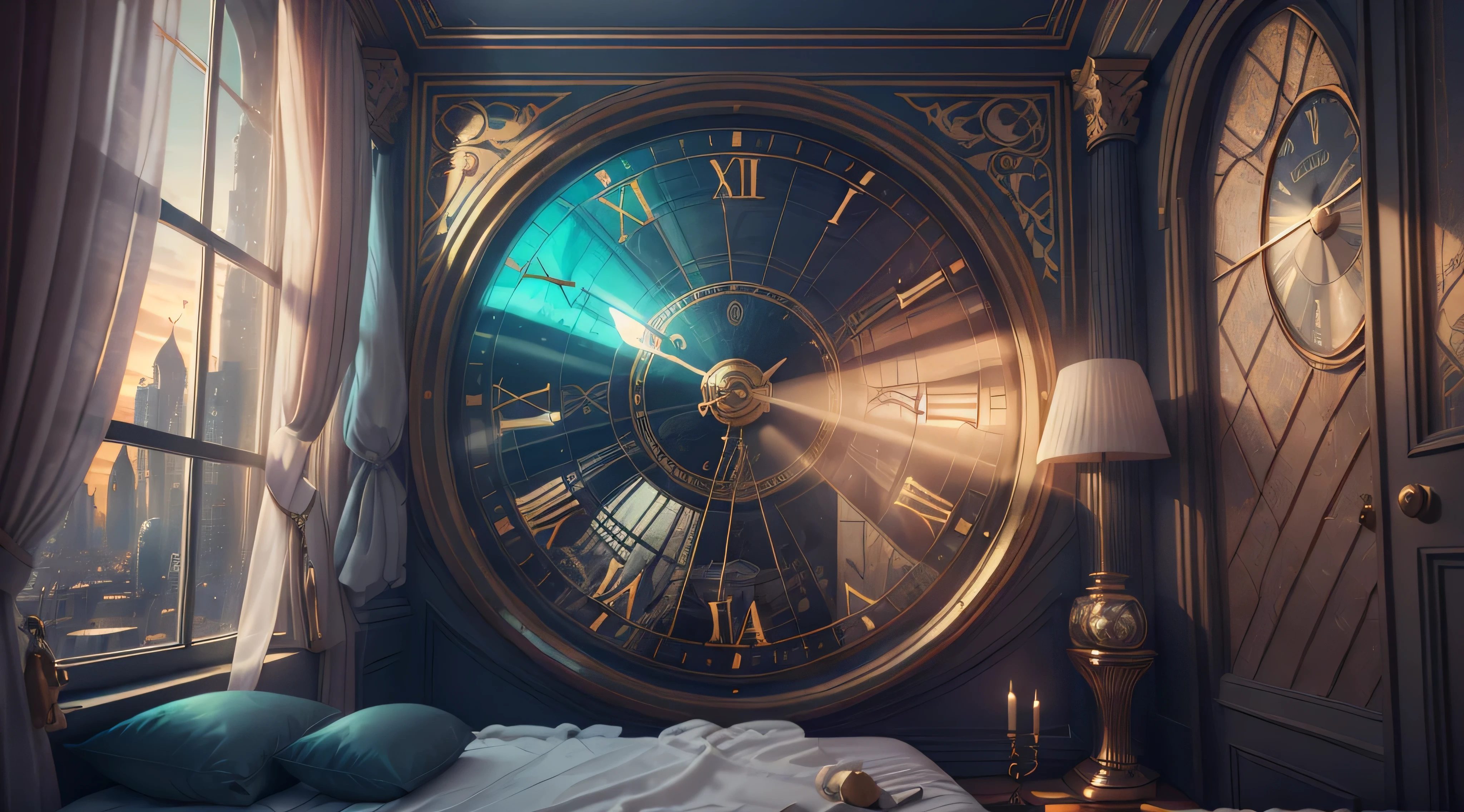 (((Create a Gorgeous Versailles-Style Bedroom，Has large historic windows.))) Outside the window is a surreal cyberpunk dream cityscape. The city view is very detailed，There are many lights and LED neon colors and many different sized buildings. Cityscapes with all the colors of the rainbow，and rented a fun steampunk airship. Watch the Giant Steampunk Clock ((Through the window)). (((It was quiet in the bedroom.))) The whole artwork is very realistic，There are many small details and improvements. 3d rendering beep sound, artstation and beeple are highly rated, in fantasy sci - fi city, Inspired by bees, 8K, Unreal EngineUnity CGI. Masterpiece and pop. Add many wonderful and beautiful details and nuances.
