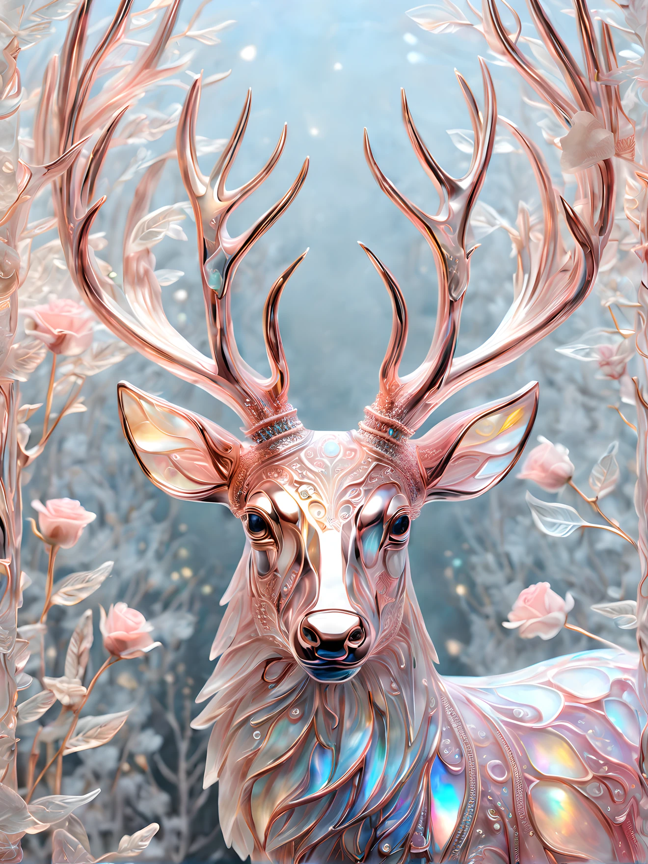 extremely delicate iridiscent deer made of glass, translucent, tiny rose gold accents, beautifully and intricately detailed, ethereal glow, whimsical, art by Mschiffer, best quality, glass art, magical holographic glow , Watercolor, trending on artstation, sharp focus, studio photo, intricate details, highly detailed, by greg rutkowski, pink rose gold tone color